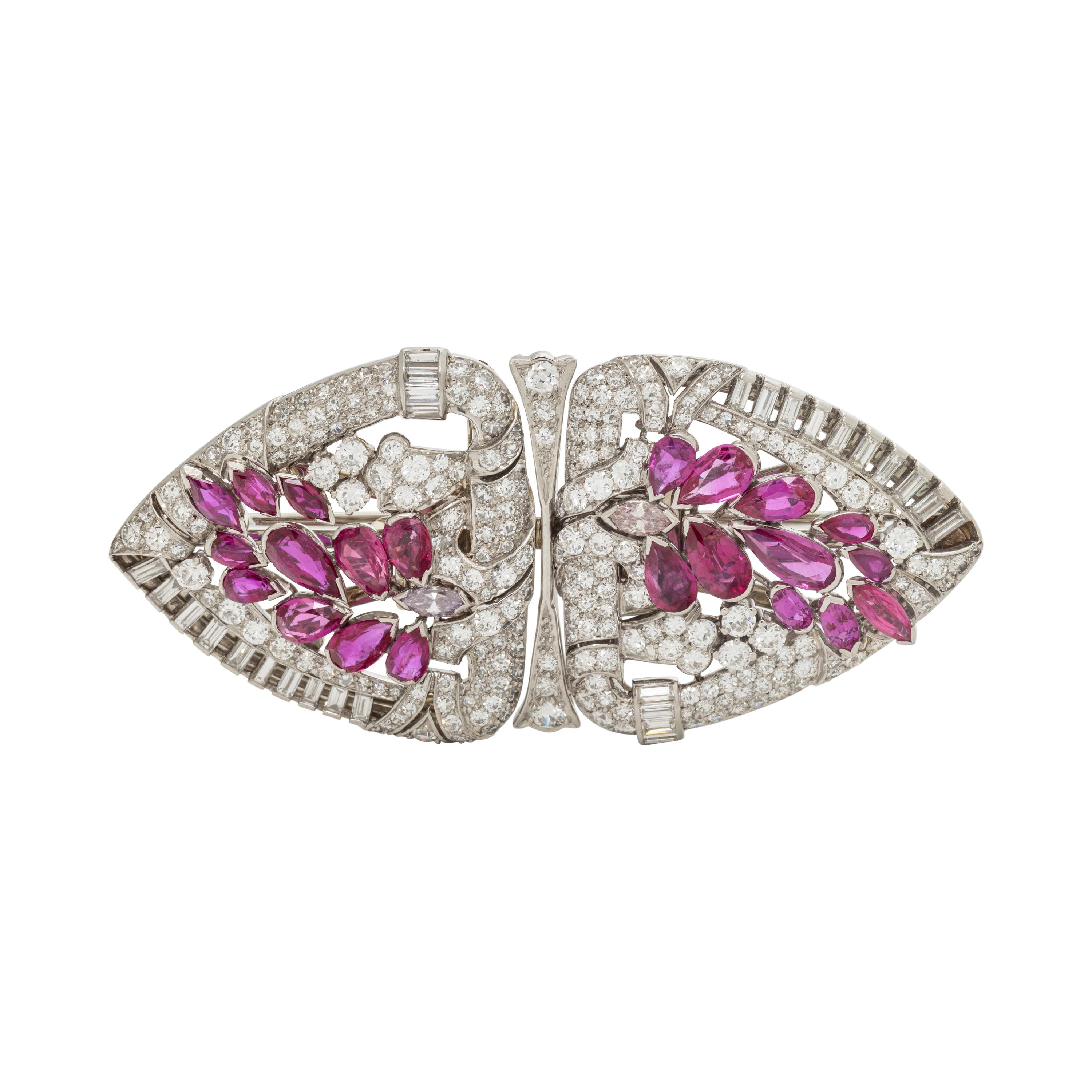 DIAMOND, PINK DIAMOND AND RUBY DOUBLE CLIP BROOCH