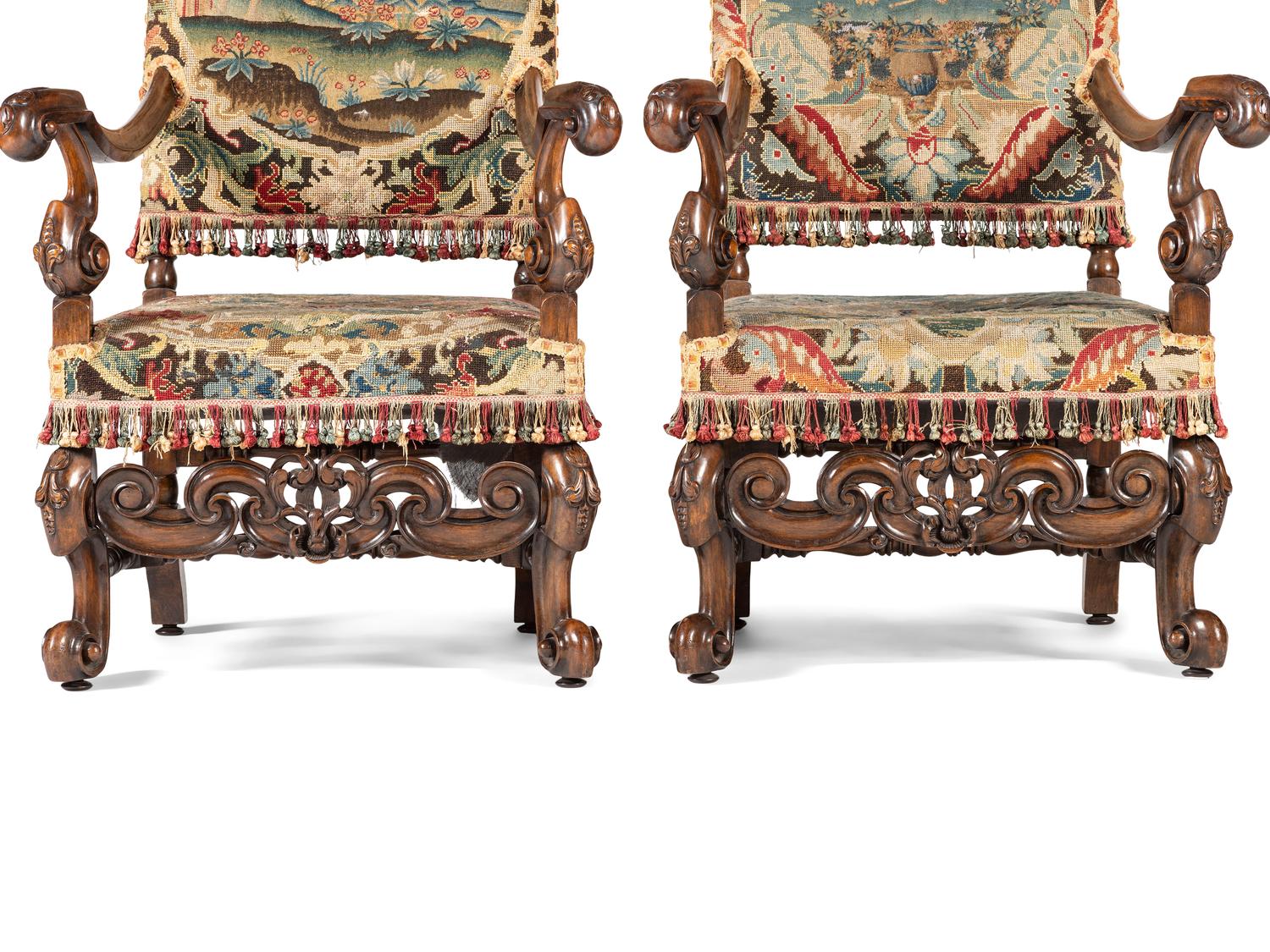 A Pair of William and Mary Style Walnut Armchairs with Flemish Tapestry Upholstery