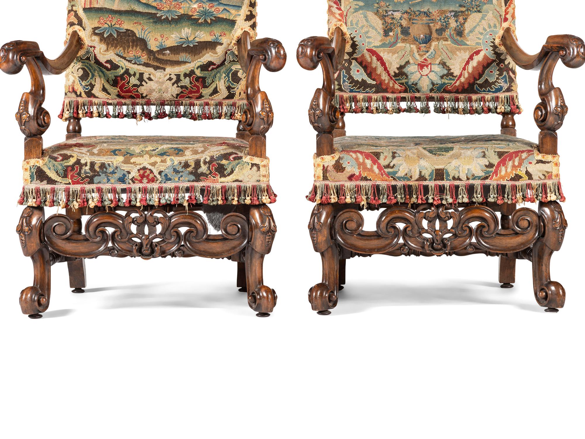 A Pair of William and Mary Style Walnut Armchairs with Flemish Tapestry Upholstery