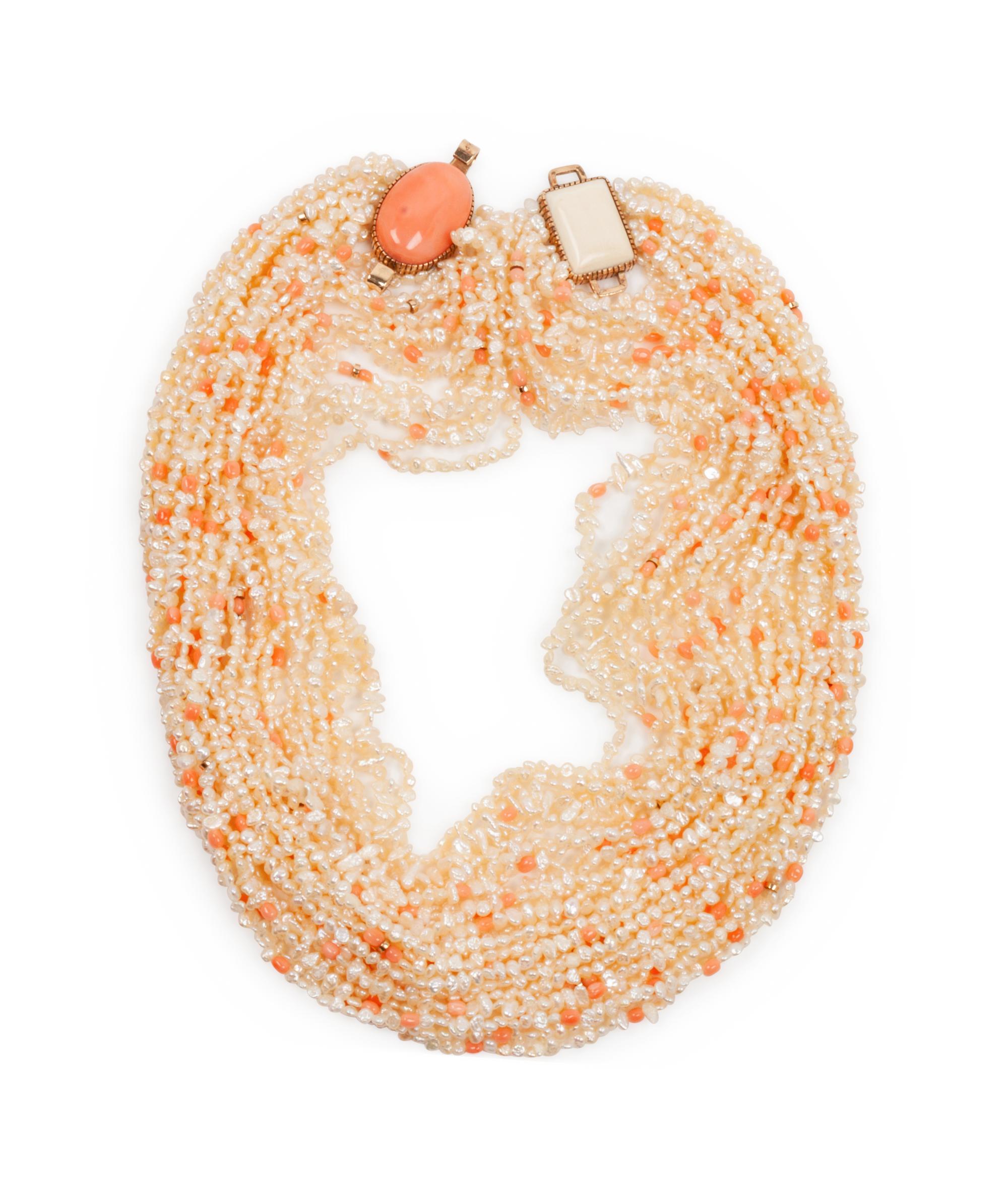 14k Gold, Pearl, and Coral Multi-Strand Necklace