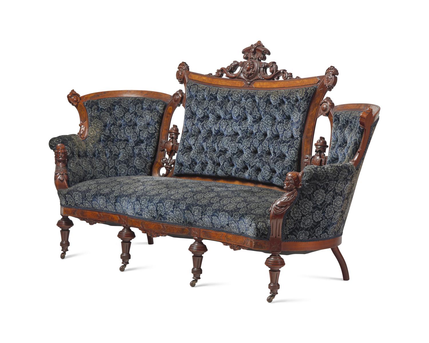 A Four-Piece Renaissance-Revival Carved Walnut And Burl-Walnut Veneered Parlor Suite