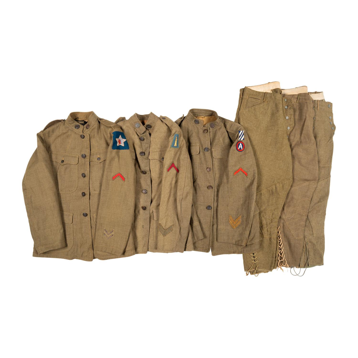 Lot of 77th Infantry Division Tunic, 3rd Infantry Division Tunic with Pants, and 3rd Battalion 5th Marines 1917 Tunic.