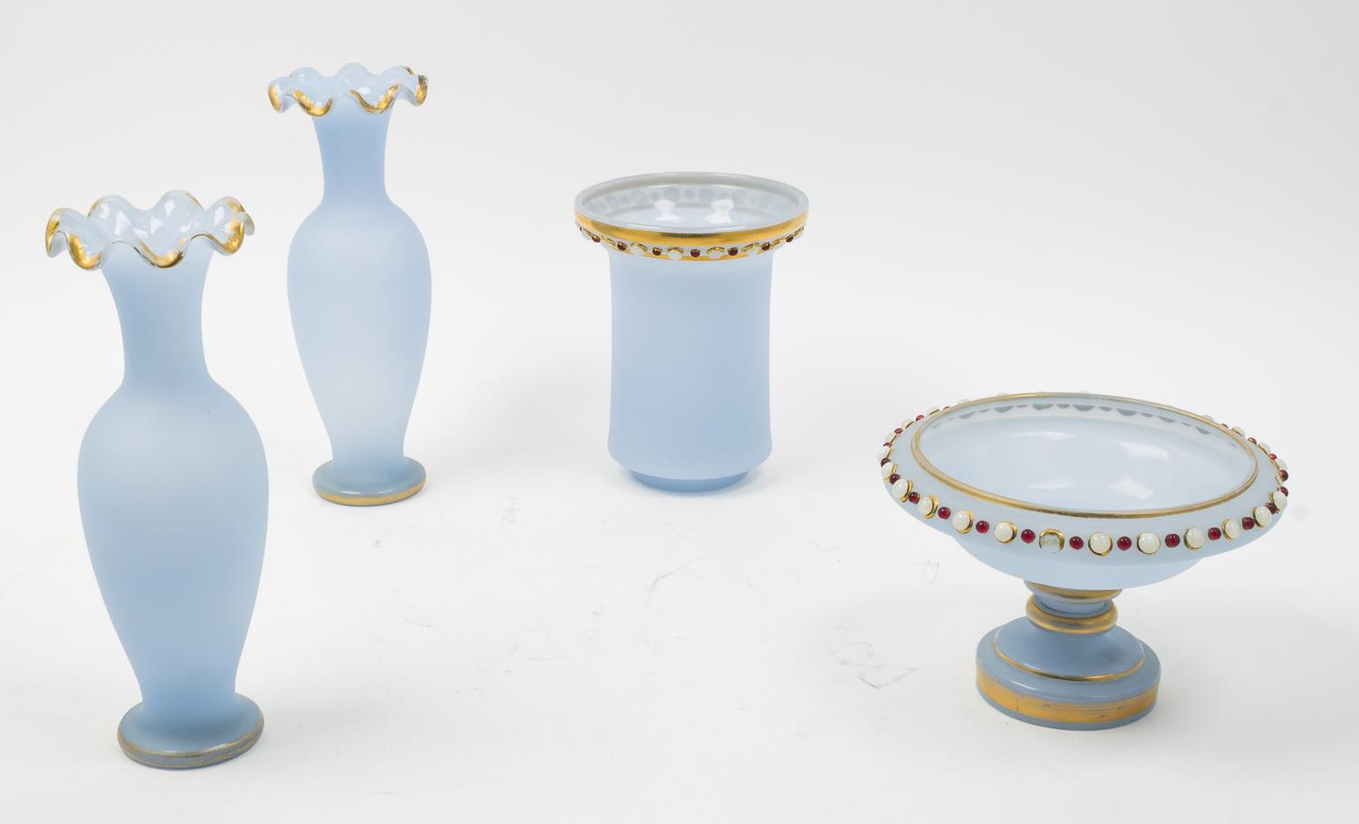 Four Opaline Glass Table Articles Height of tallest 10 1/8 inches. — 20TH CENTURY