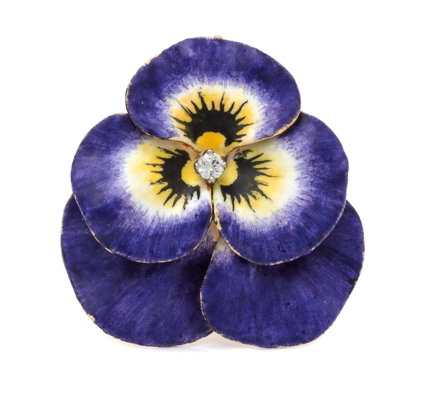 A Yellow Gold, Polychrome Enamel and Diamond Pansy Brooch, Krementz & Co., 7.00 dwts.