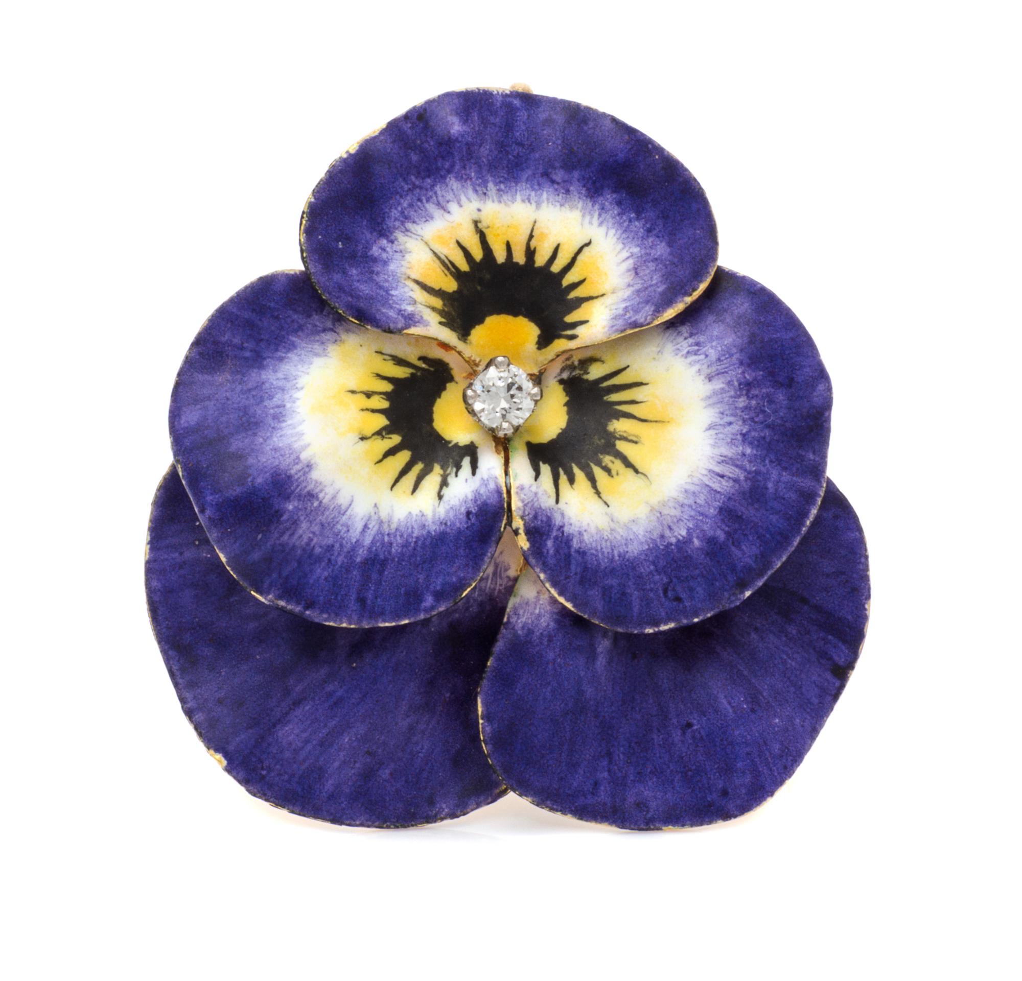 A Yellow Gold, Polychrome Enamel and Diamond Pansy Brooch, Krementz & Co., 7.00 dwts.