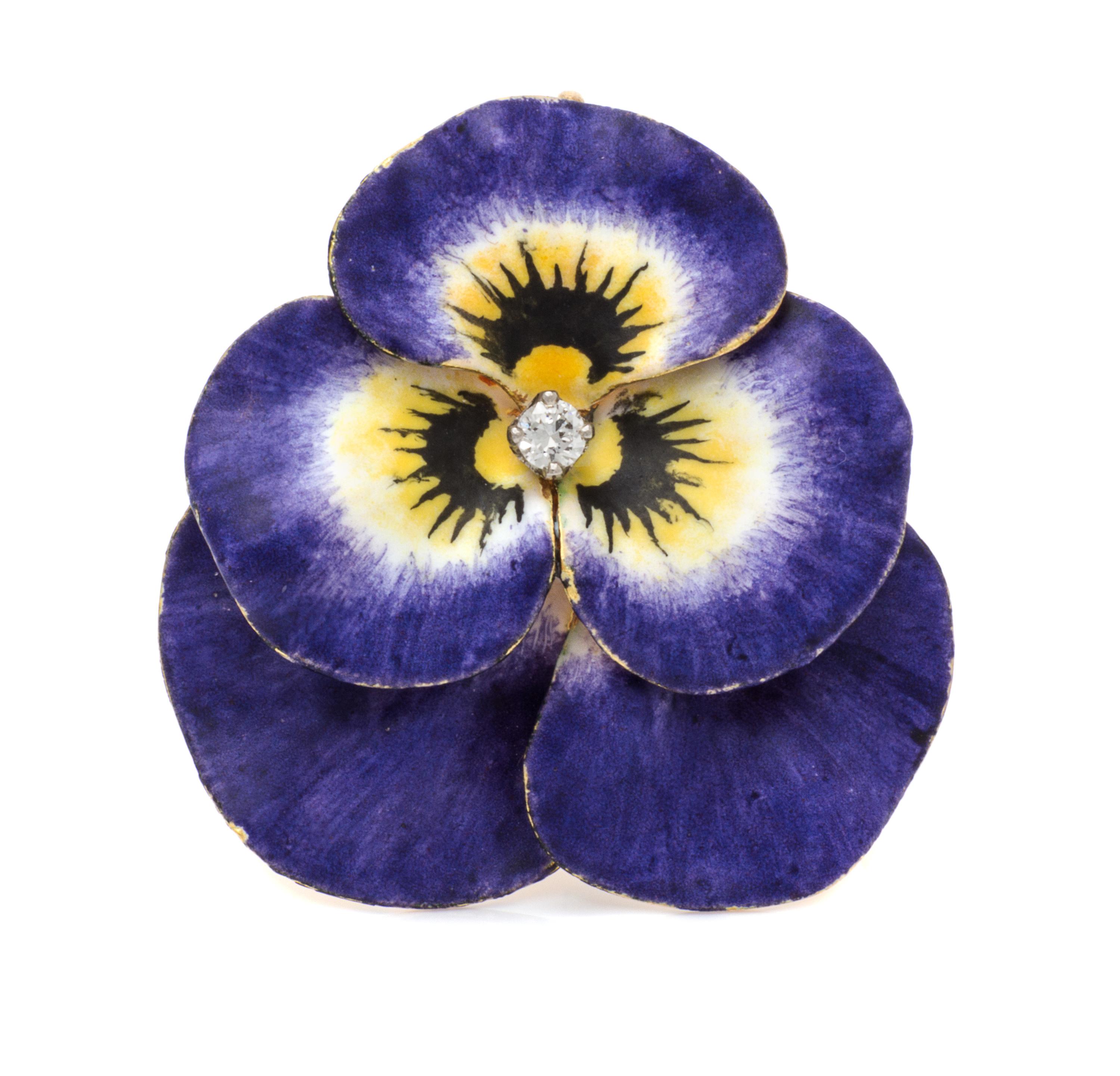 A Yellow Gold, Polychrome Enamel and Diamond Pansy Brooch, Krementz & Co., 7.00 dwts.