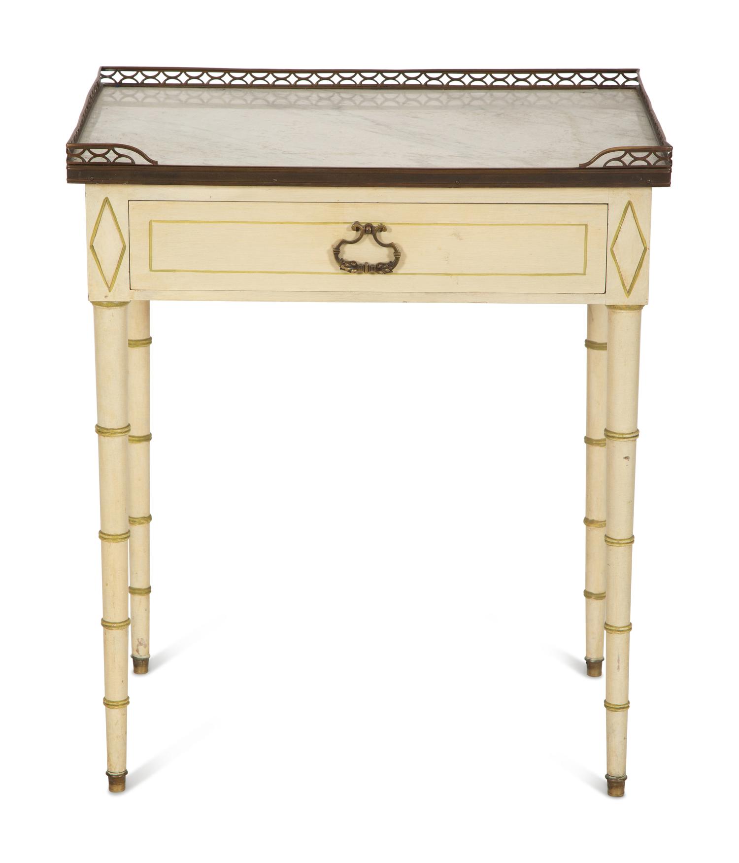 A Regency Style Painted Side Table with Brass Three-Quarter Gallery Top
