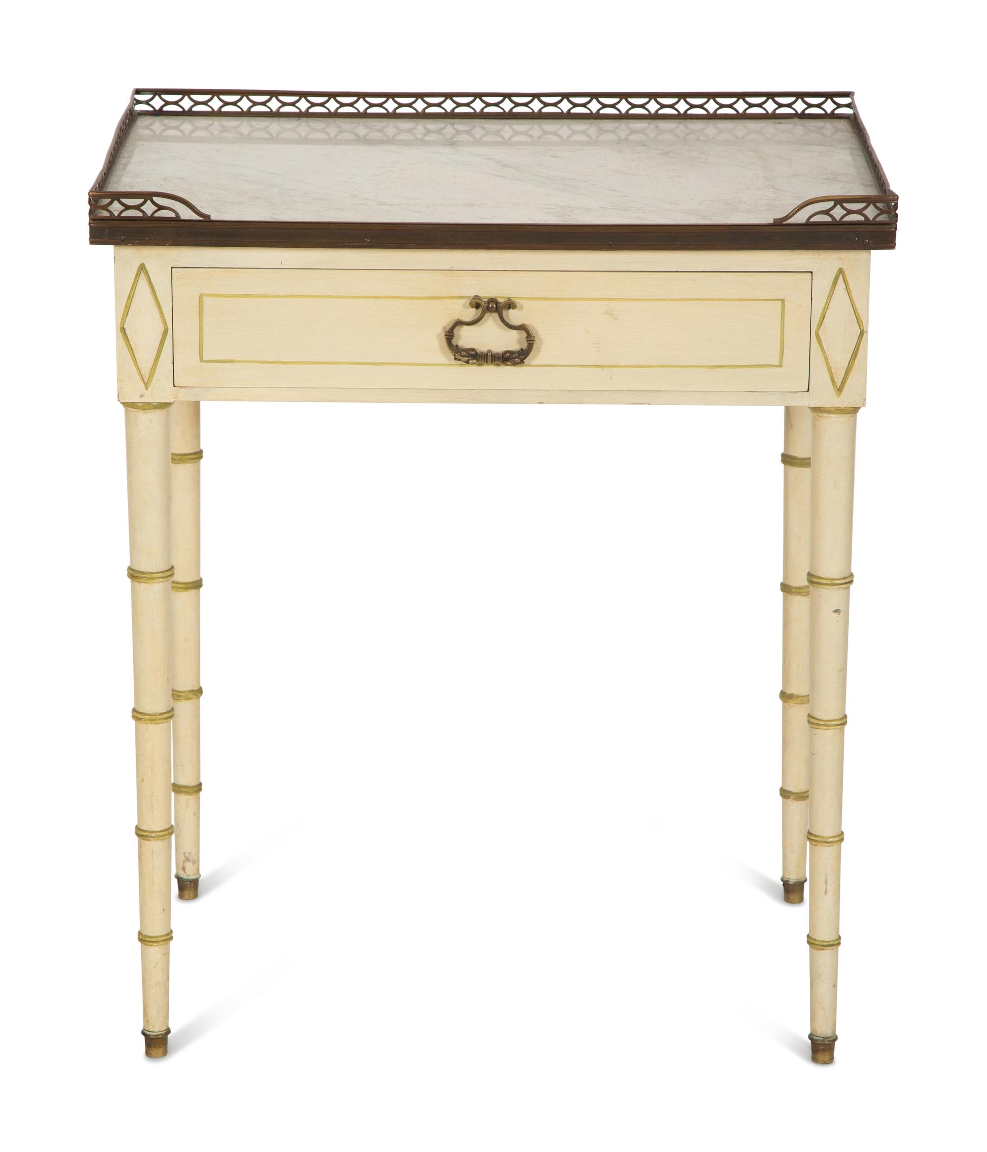 A Regency Style Painted Side Table with Brass Three-Quarter Gallery Top