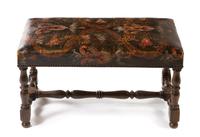 A William and Mary Style Leather Upholstered Bench Width 30 inches.