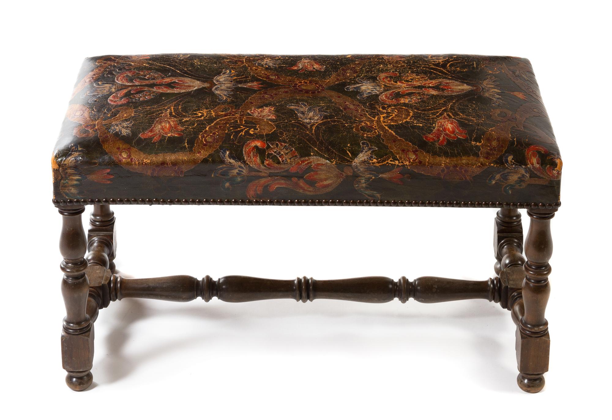 A William and Mary Style Leather Upholstered Bench Width 30 inches.