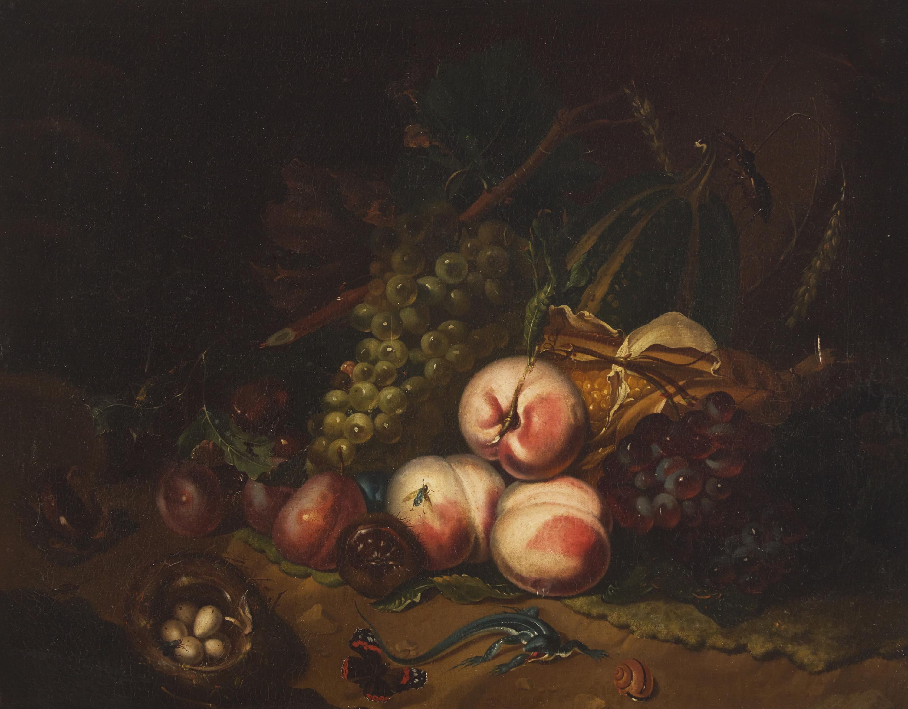 Still Life with Peaches, Grapes and Basket with Eggs