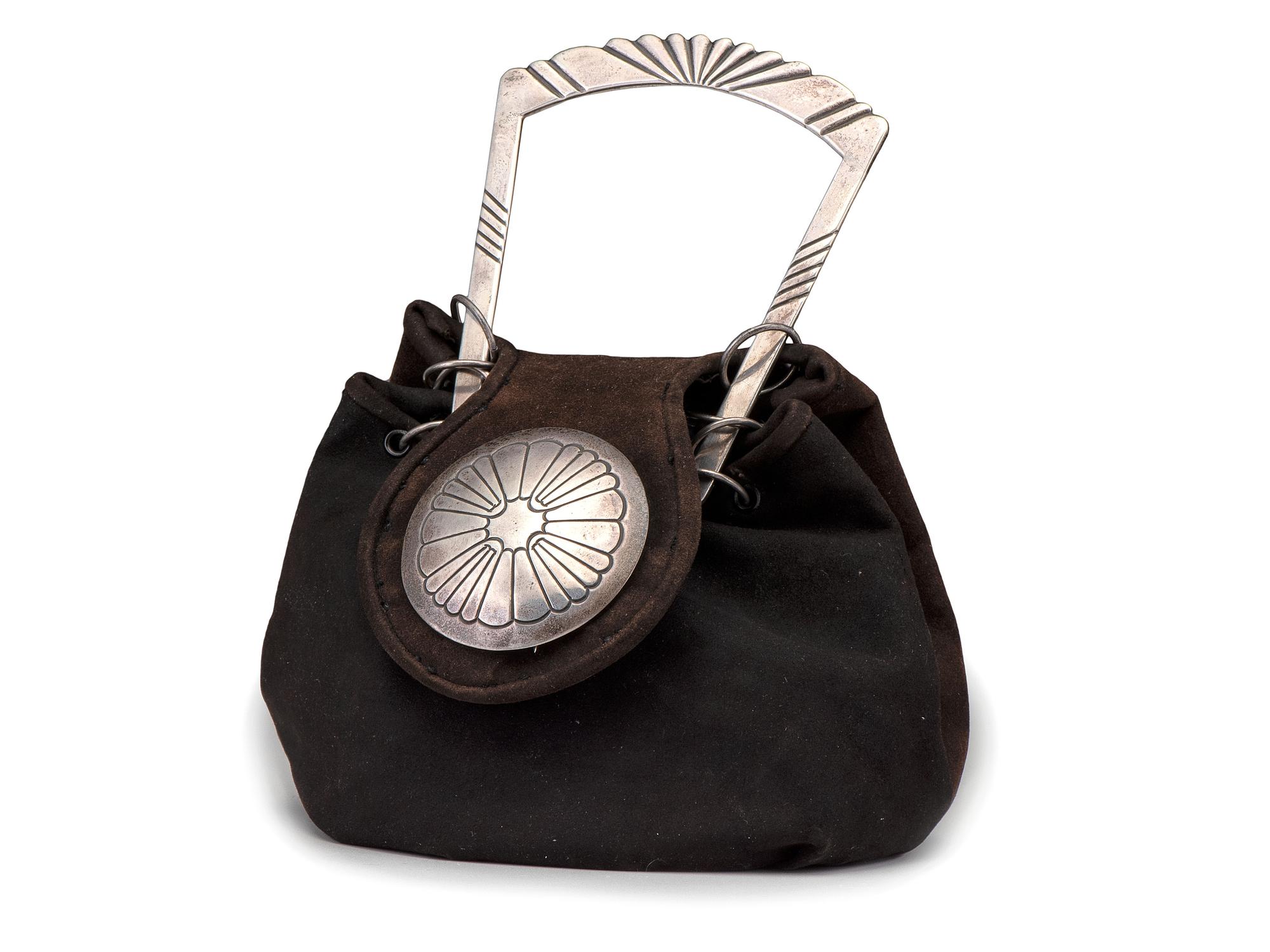 Brown Suede Purse, with Sterling Silver Handle and Concha