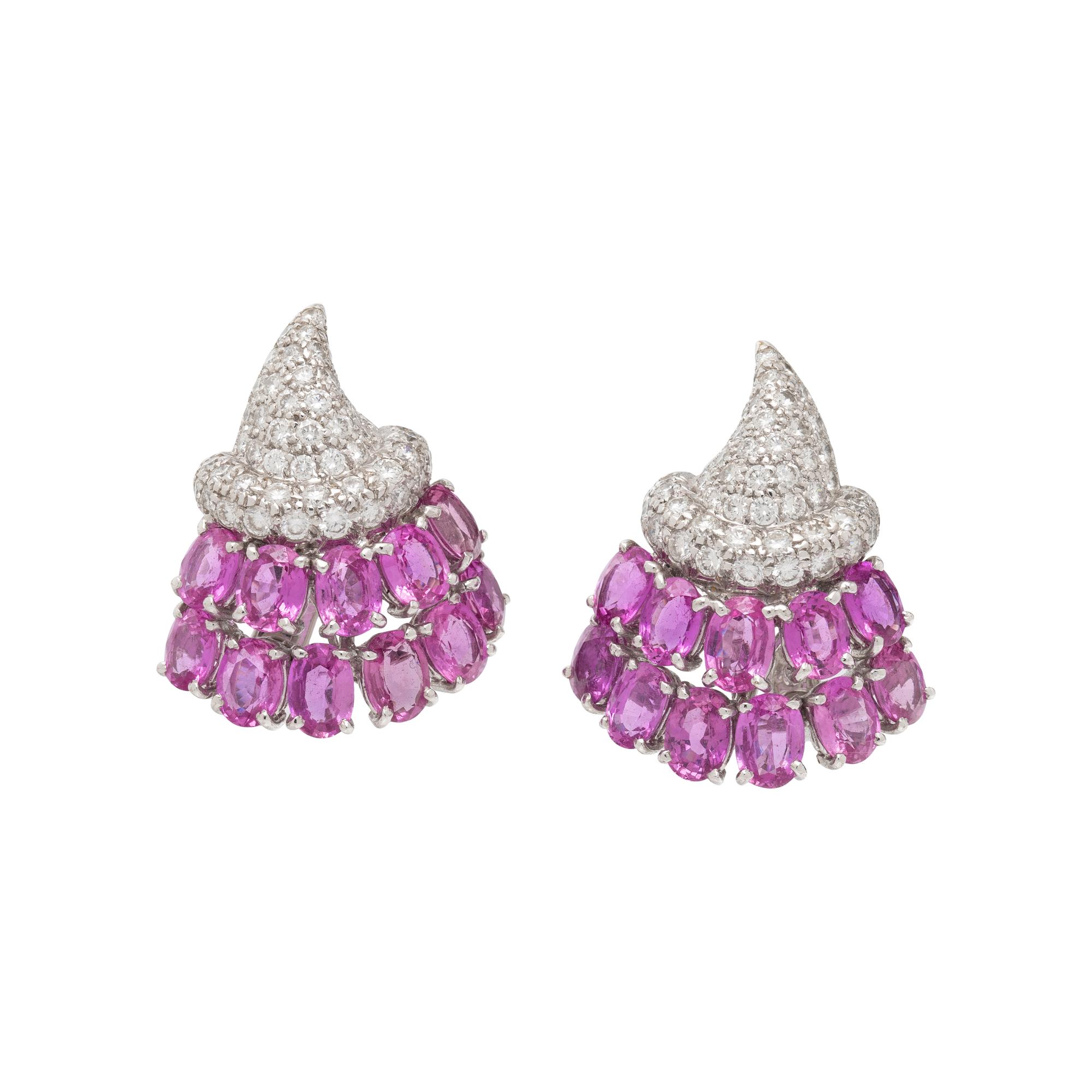 DIAMOND, PINK SAPPHIRE, AND WHITE GOLD EARRINGS