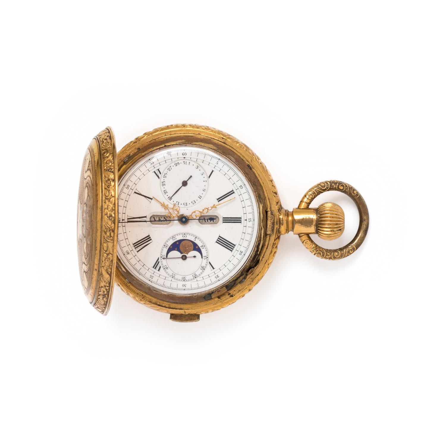 YELLOW GOLD QUARTER REPEATER DAY DATE MOON PHASE HUNTER CASE POCKET WATCH