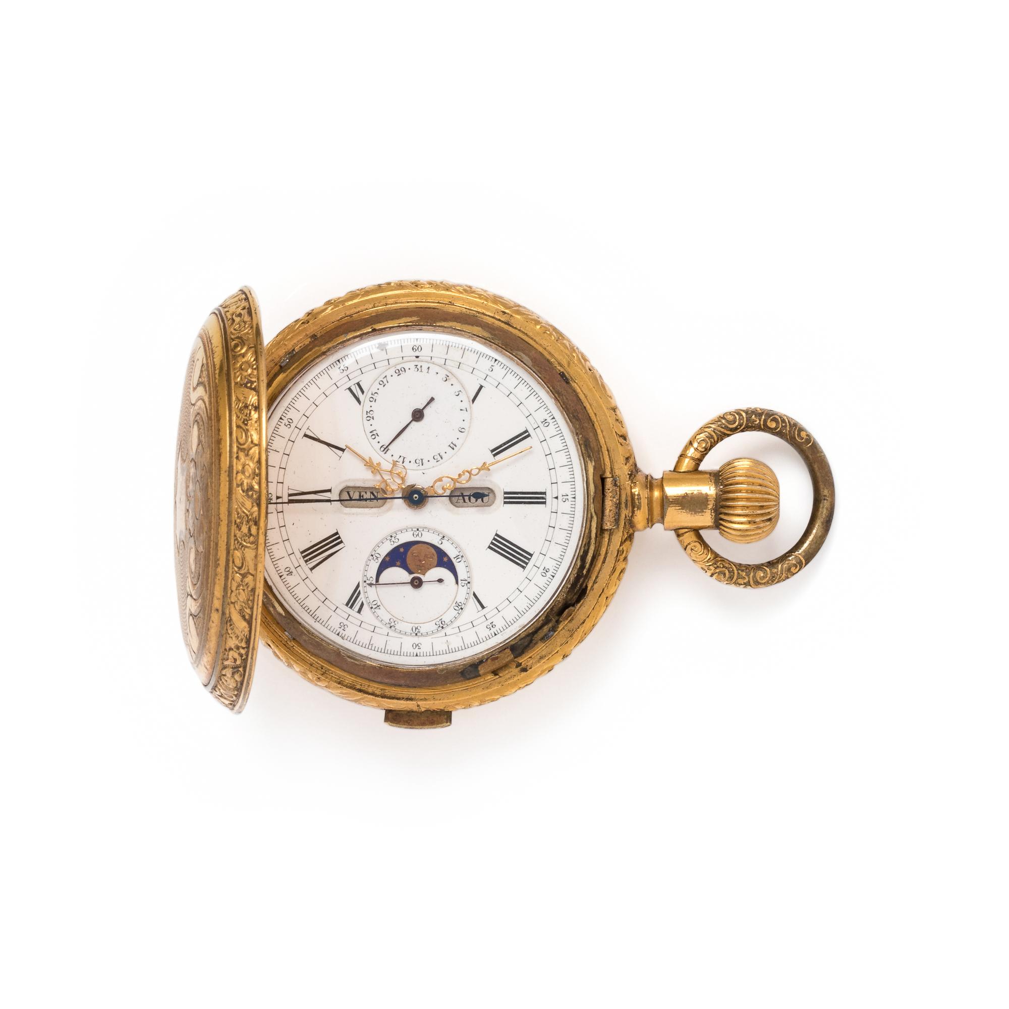YELLOW GOLD QUARTER REPEATER DAY DATE MOON PHASE HUNTER CASE POCKET WATCH