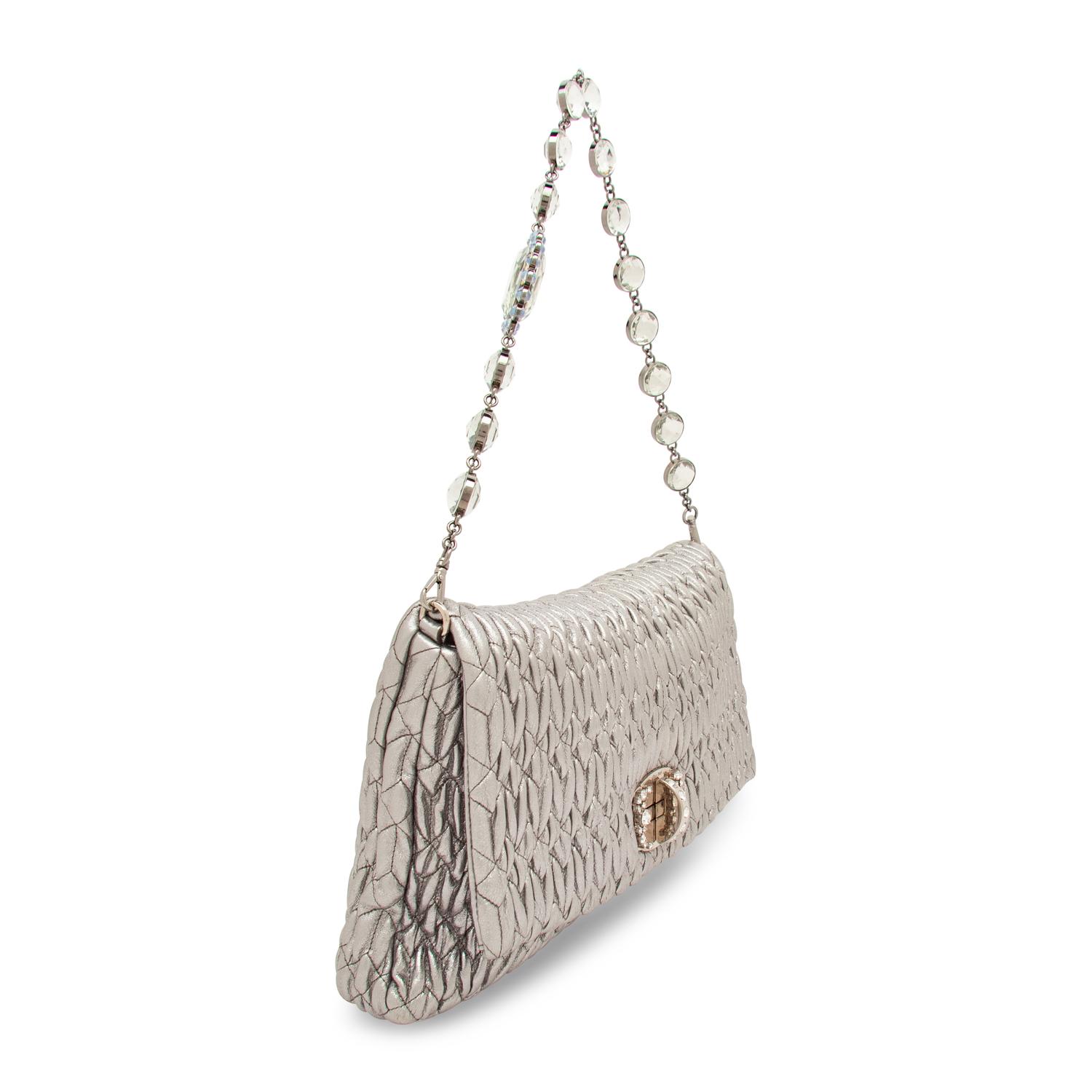 MIU MIU, QUILTED SILVER LEATHER FLAP BAG