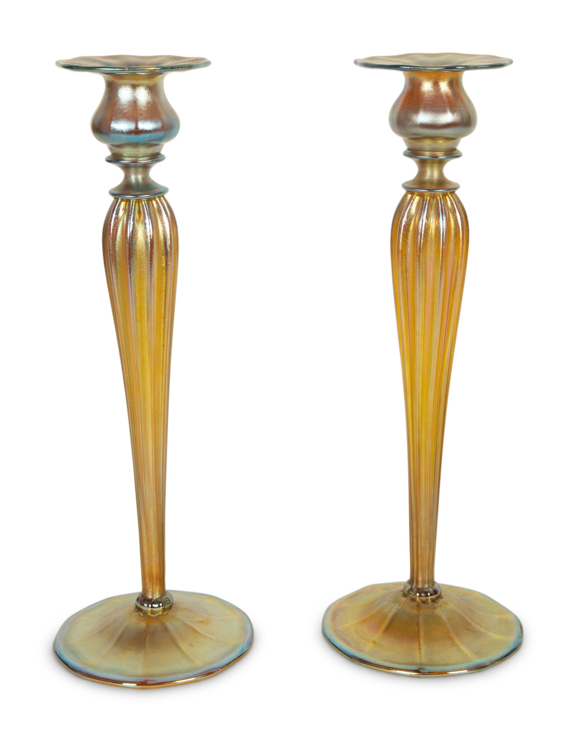 A Pair of Tiffany Studios Favrile Glass Candlesticks