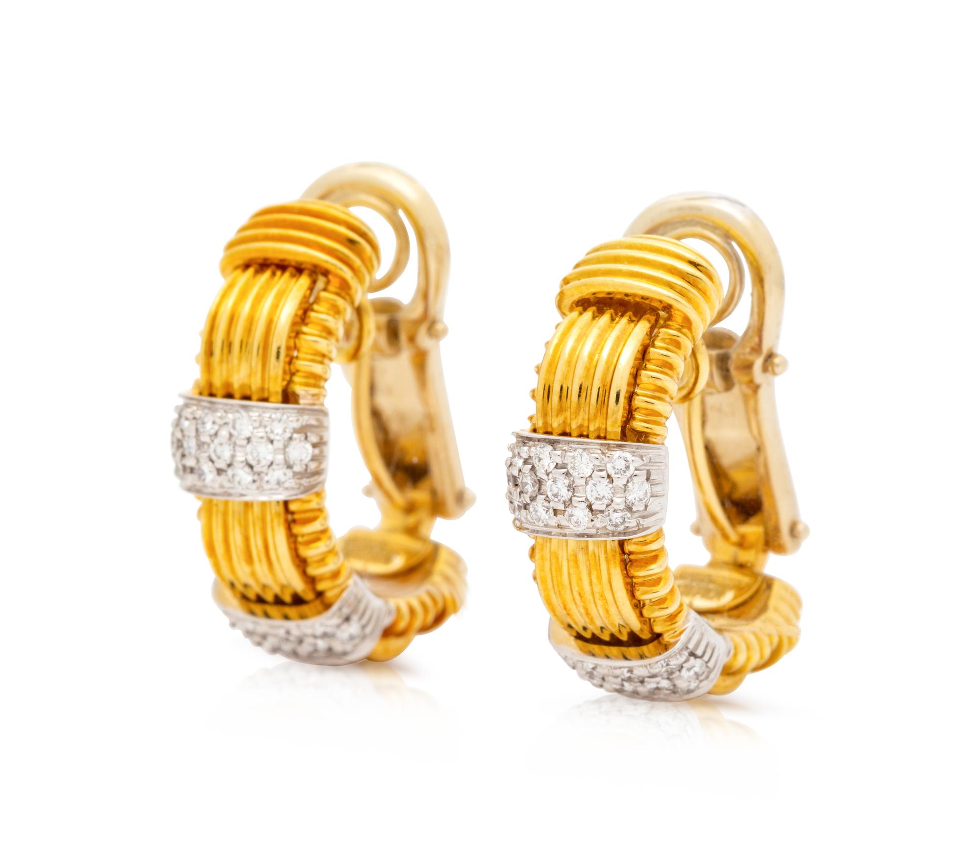 A Pair of 18 Karat Bicolor Gold and Diamond 'Appasionata' Hoop Earclips, Roberto Coin,