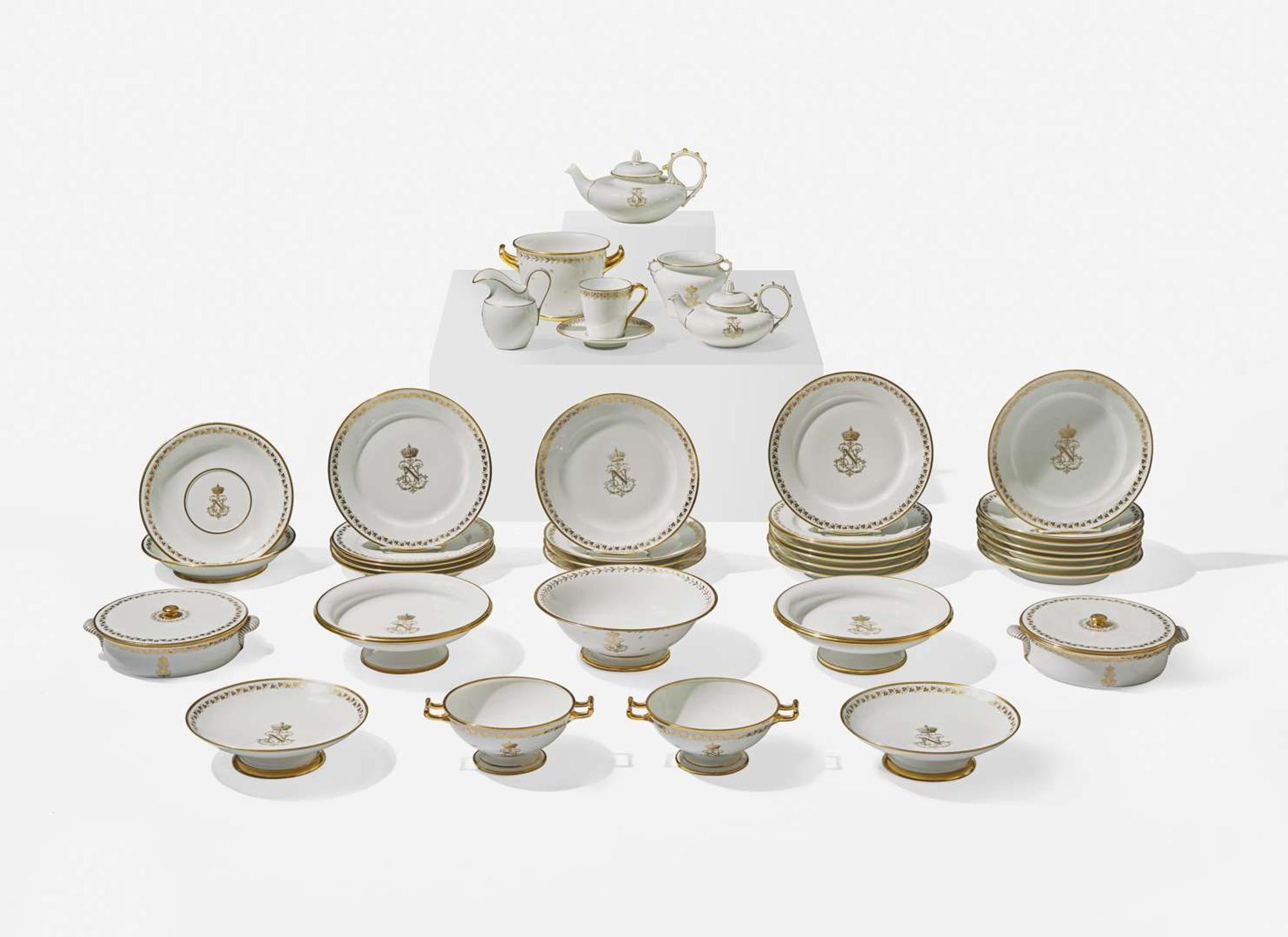 An assembled collection of forty-one Sèvres Napoleon III Imperial porcelain tablewares, various dates primarily ranging 1844-1853