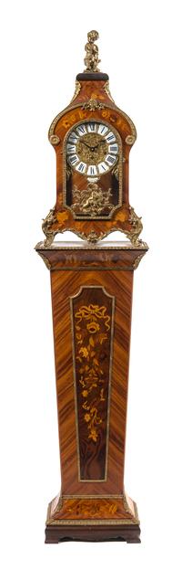 A Continental Marquetry and Gilt Metal Mounted Bracket Clock and Stand, retailed by Tiffany & Co., Height overall 75 inches.