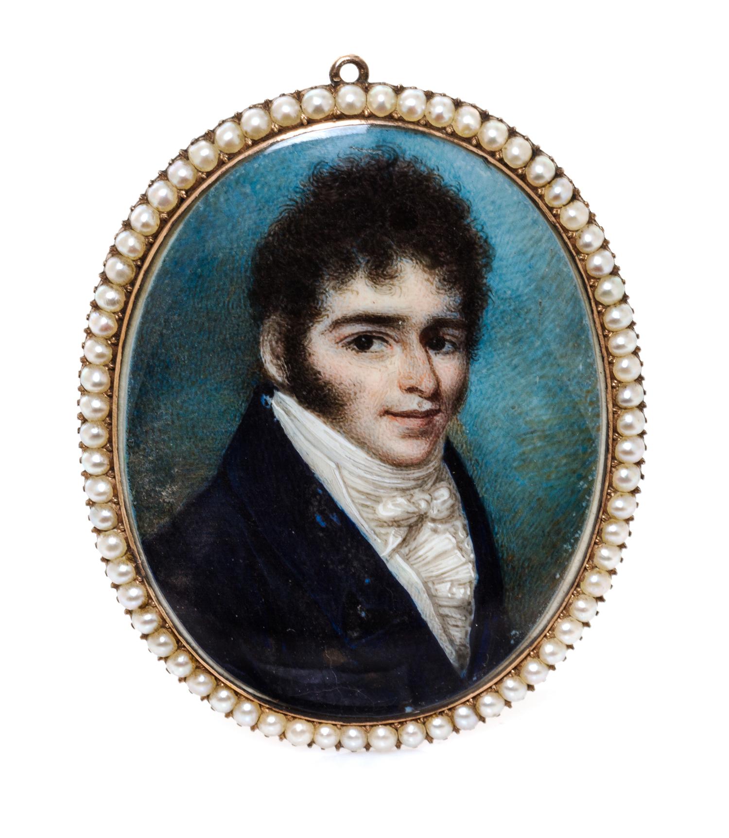 A Gold and Seed Pearl Mounted Portrait Miniature Height 2 inches.