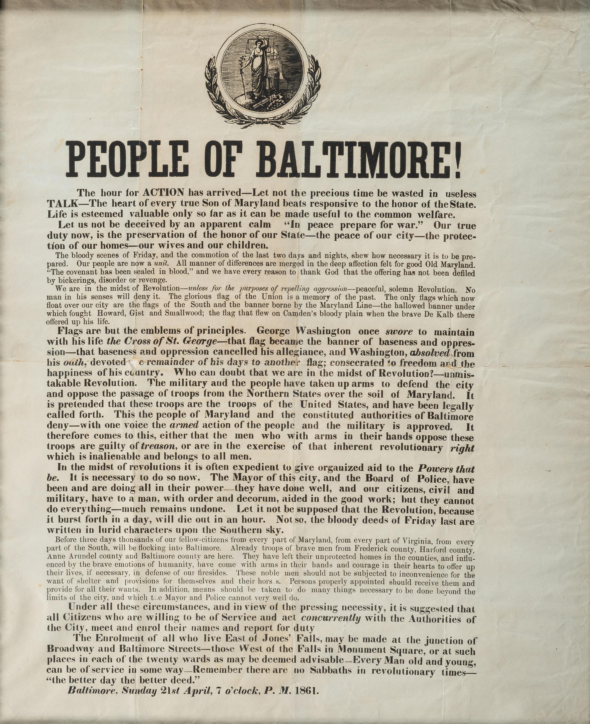 [CIVIL WAR]. People of Baltimore! Baltimore, MD: N.p., 21 April 1861.
