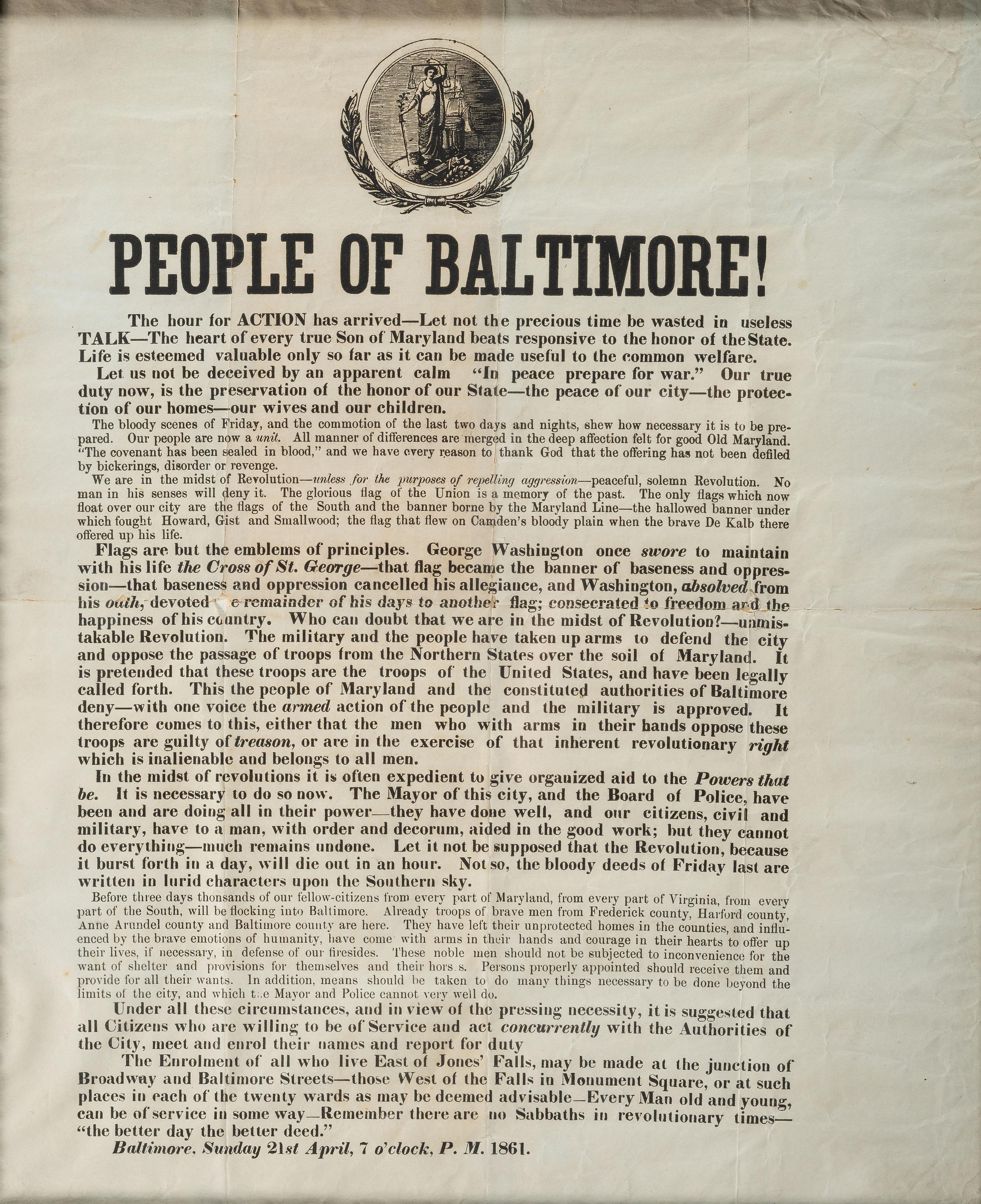 [CIVIL WAR]. People of Baltimore! Baltimore, MD: N.p., 21 April 1861.