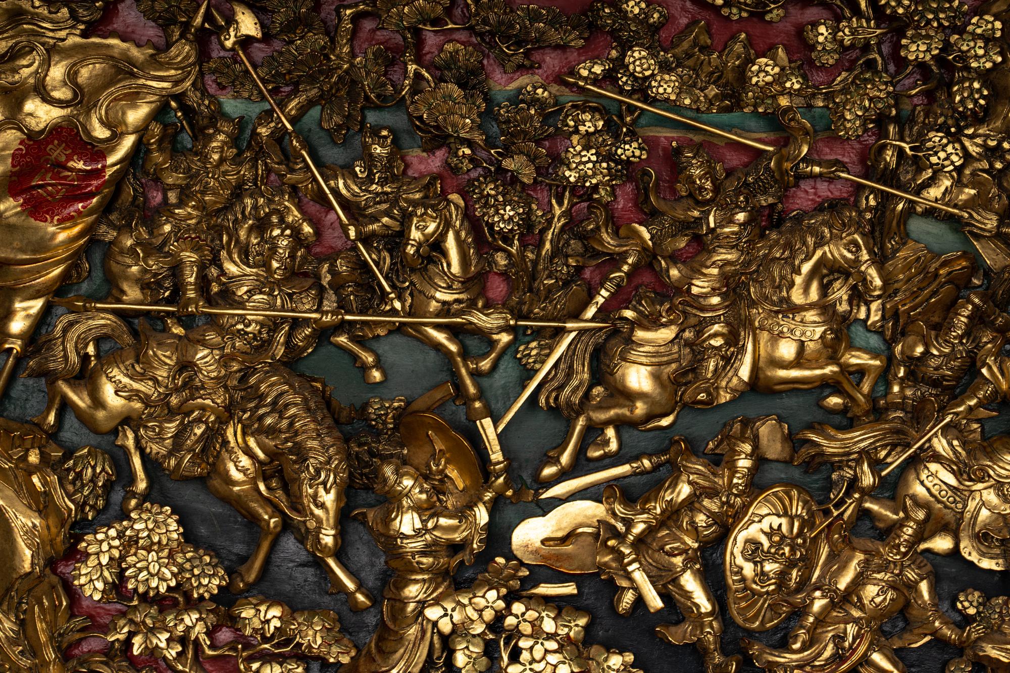 A Large Chinese Gilt and Red Wood Panel