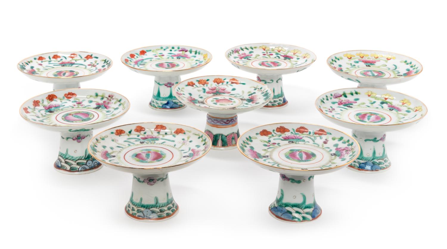 Nine Chinese Famille Rose Porcelain Offering Plates Height 3 1/4 inches. — 19TH CENTURY