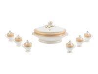 [LINCOLN, Mary Todd (1818-1882)]. A Limoges porcelain buff-ground tureen and cover together with 6 matching pots de crème with covers, purportedly purchased by Mary Todd Lincoln. France, ca. 1865.