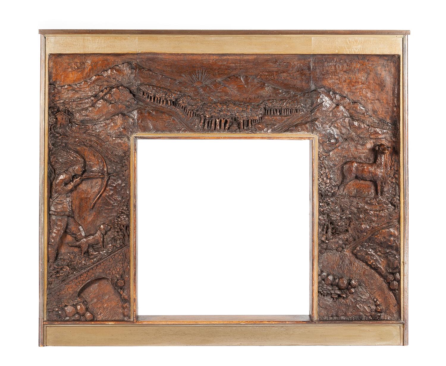 A Black Forest Style Carved Fire Surround Height 48 1/2 x width 58 x depth 5 inches. — LATE 19TH/EARLY 20TH CENTURY