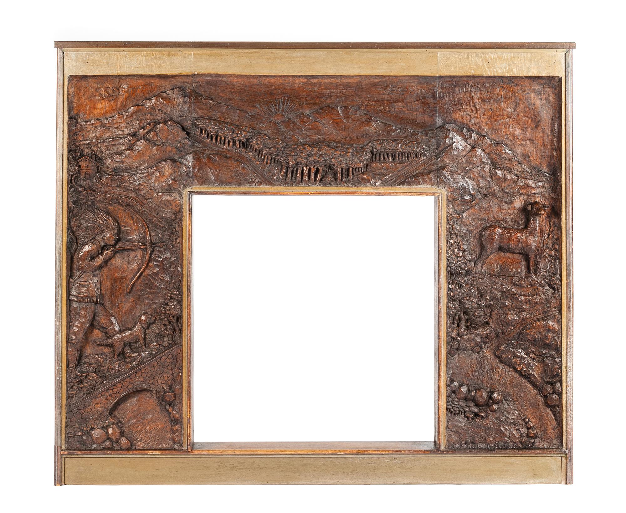 A Black Forest Style Carved Fire Surround Height 48 1/2 x width 58 x depth 5 inches. — LATE 19TH/EARLY 20TH CENTURY