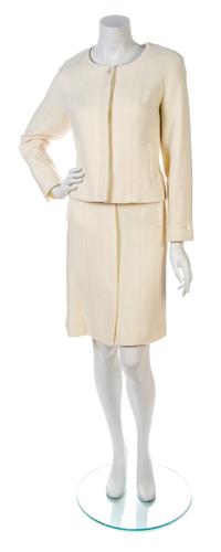 A Chanel Ivory Wool Skirt Suit, Jacket size 42, skirt size 42.