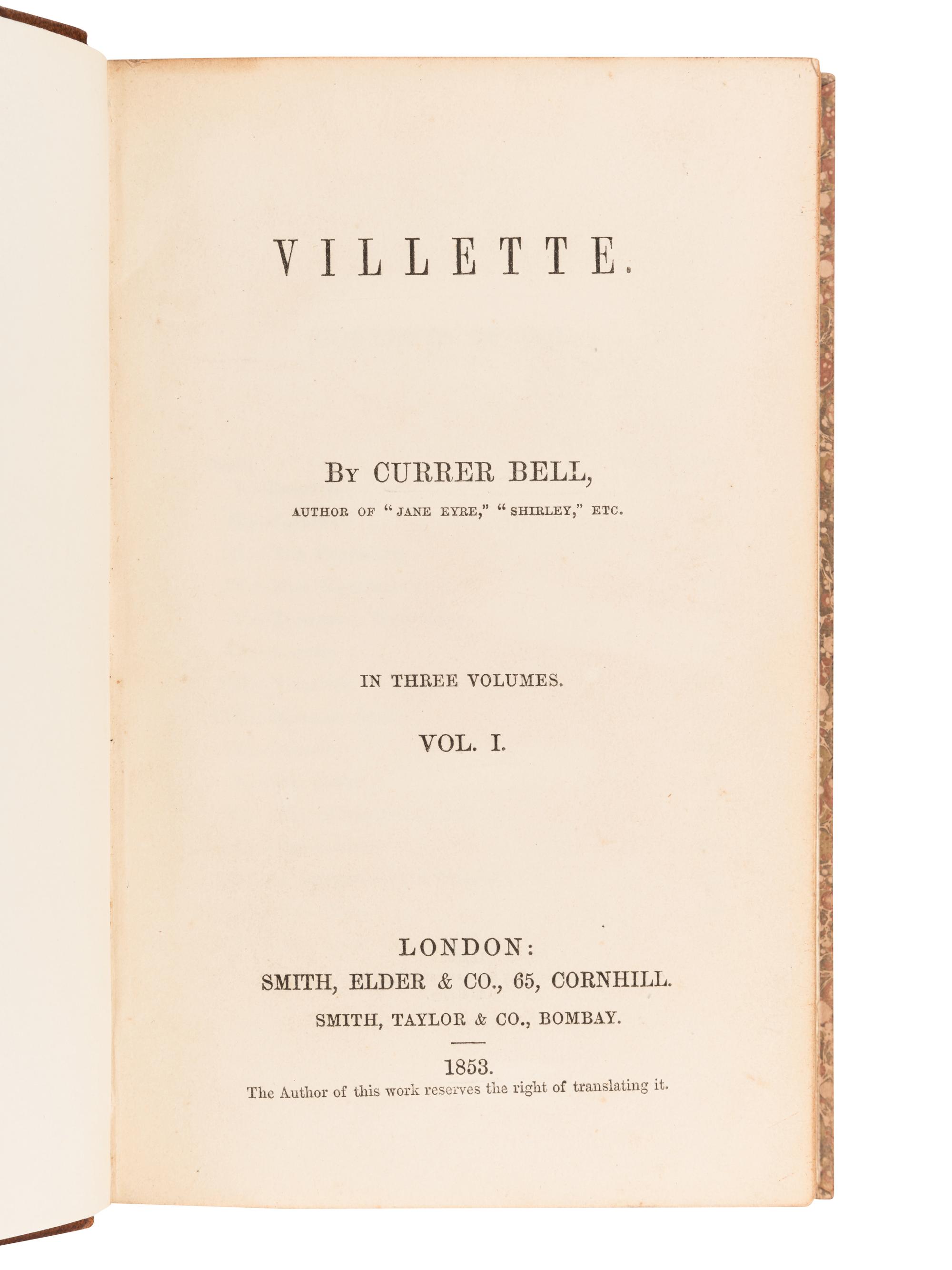 [BRONTE, Charlotte (1816-1855)]. Villette . London: Smith, Edler & Co., 1853.