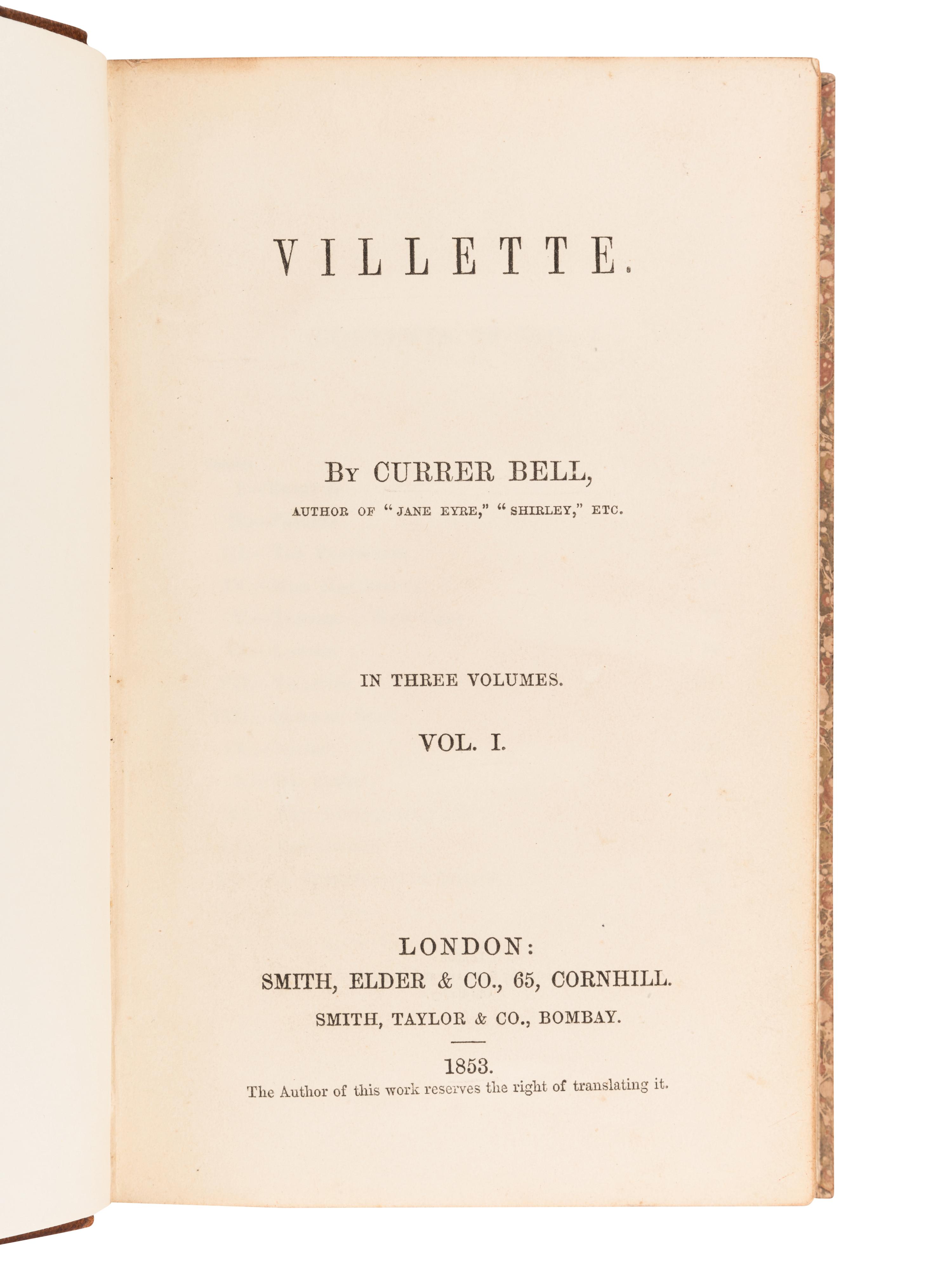 [BRONTE, Charlotte (1816-1855)]. Villette . London: Smith, Edler & Co., 1853.