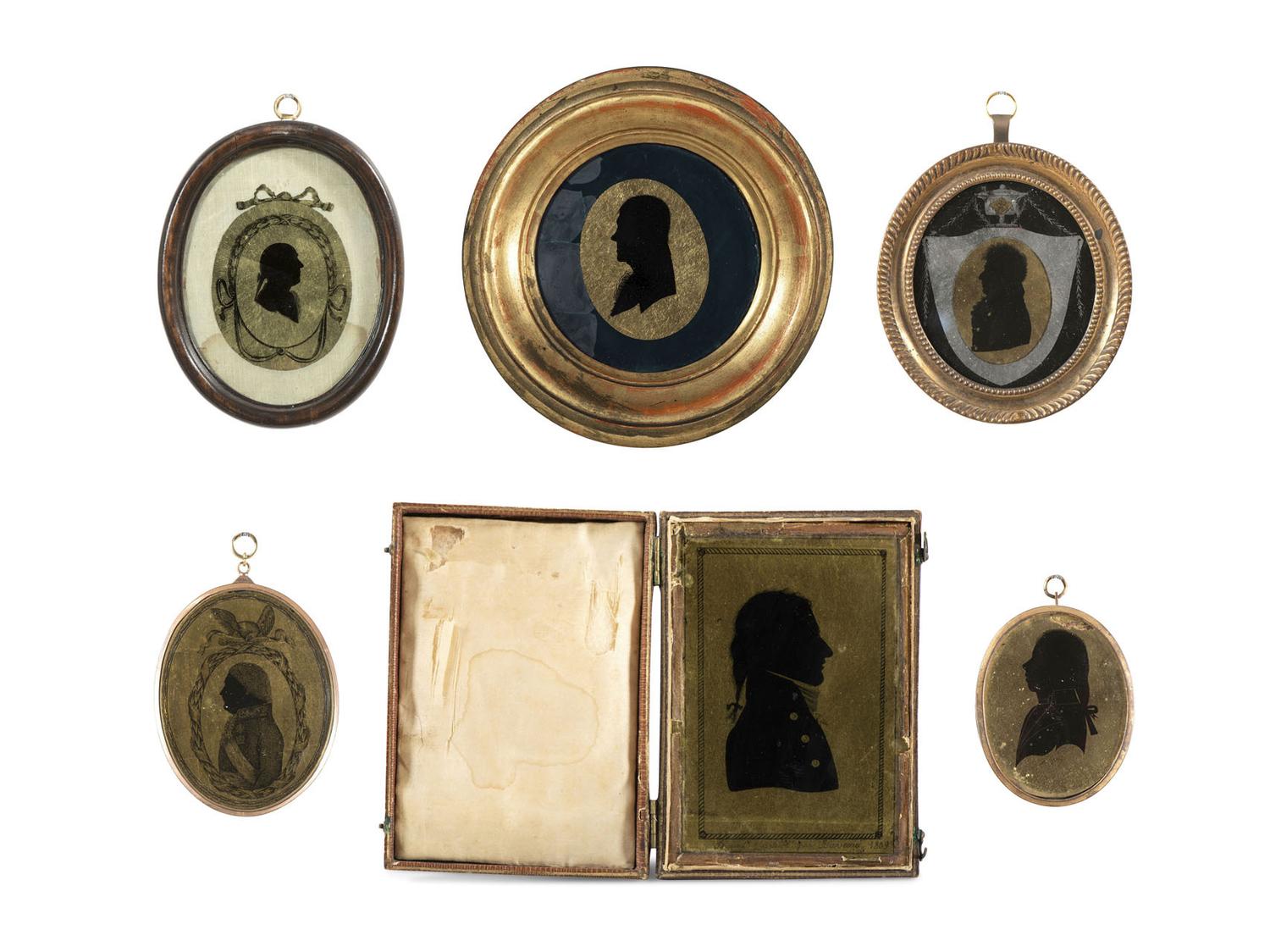 Six Verre Eglomise Silhouette Portraits of Gentlemen and Military Officers