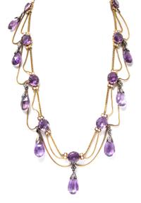 An Antique Yellow Gold, Silver, Amethyst, Pearl and Diamond Swag Necklace, 41.60 dwts.