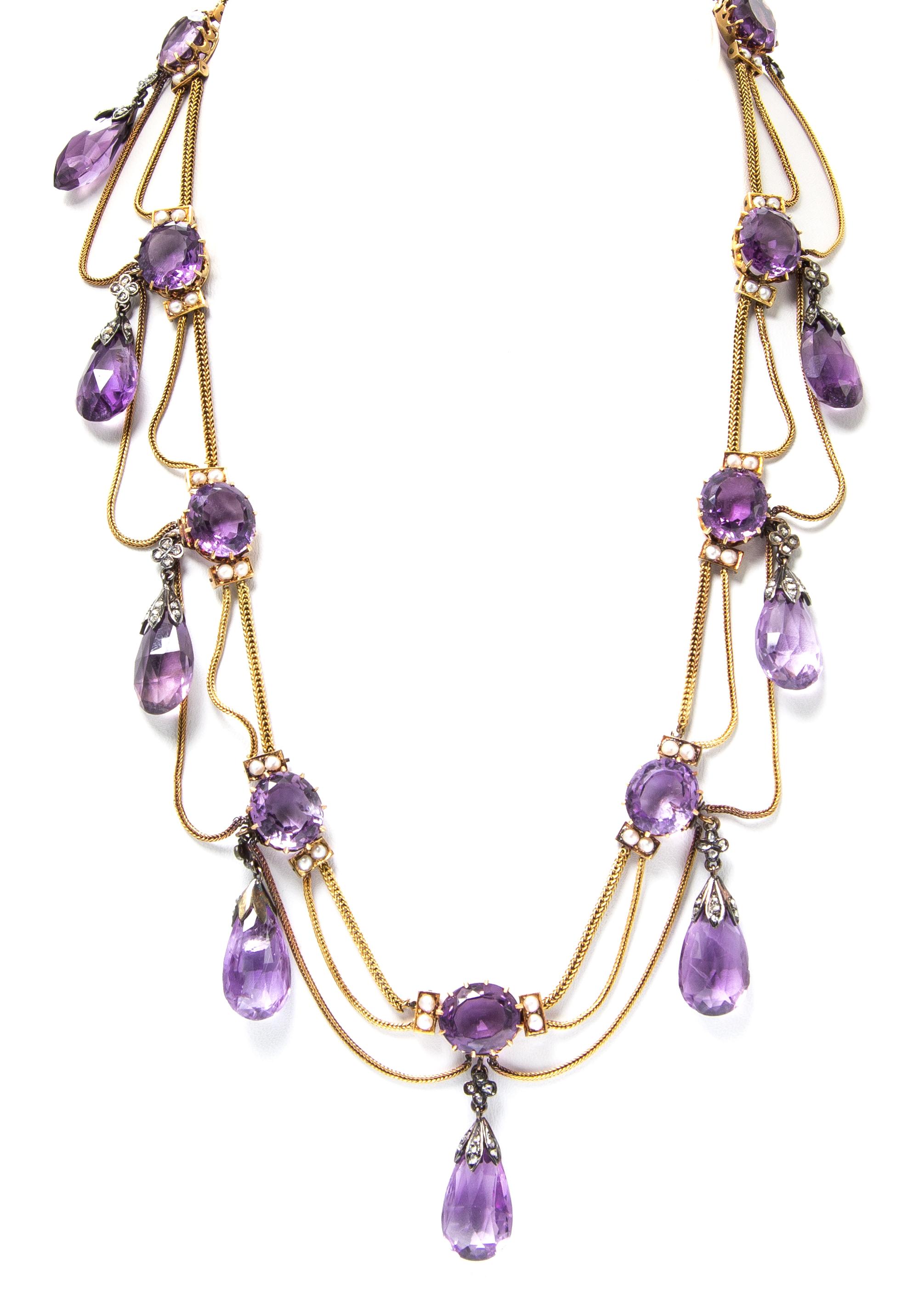 An Antique Yellow Gold, Silver, Amethyst, Pearl and Diamond Swag Necklace, 41.60 dwts.