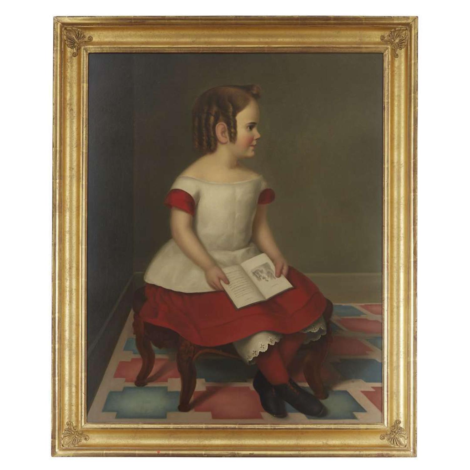 American School 19th century Portrait of a little girl in red dress with book