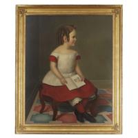American School 19th century Portrait of a little girl in red dress with book