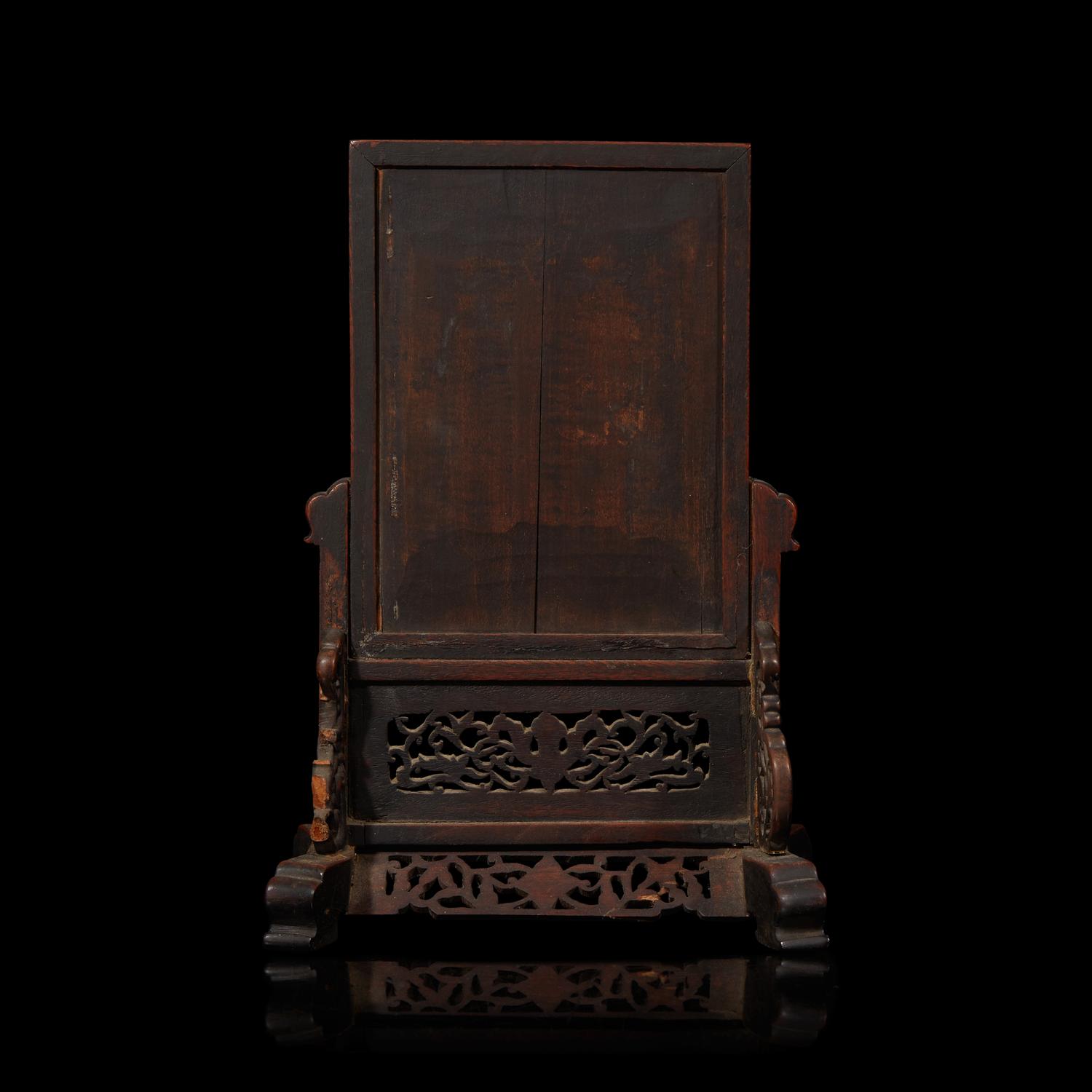 A Chinese Enameled Porcelain 'Landscape' and Carved Wood Table Screen, 19th Century 清晚期 硬木嵌粉彩山水圖插屏