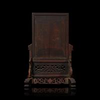 A Chinese Enameled Porcelain 'Landscape' and Carved Wood Table Screen, 19th Century 清晚期 硬木嵌粉彩山水圖插屏