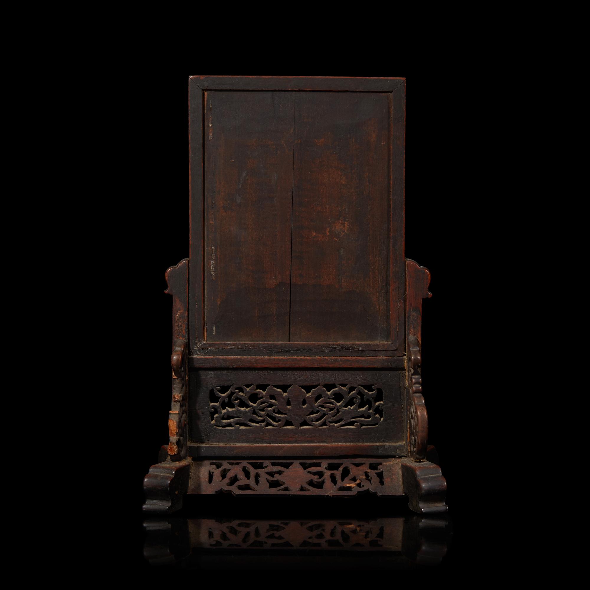 A Chinese Enameled Porcelain 'Landscape' and Carved Wood Table Screen, 19th Century 清晚期 硬木嵌粉彩山水圖插屏