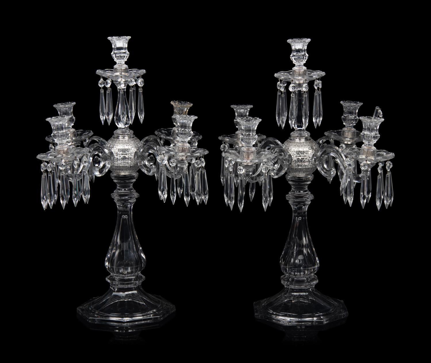 A Pair of Molded Glass Five-Light Candelabra