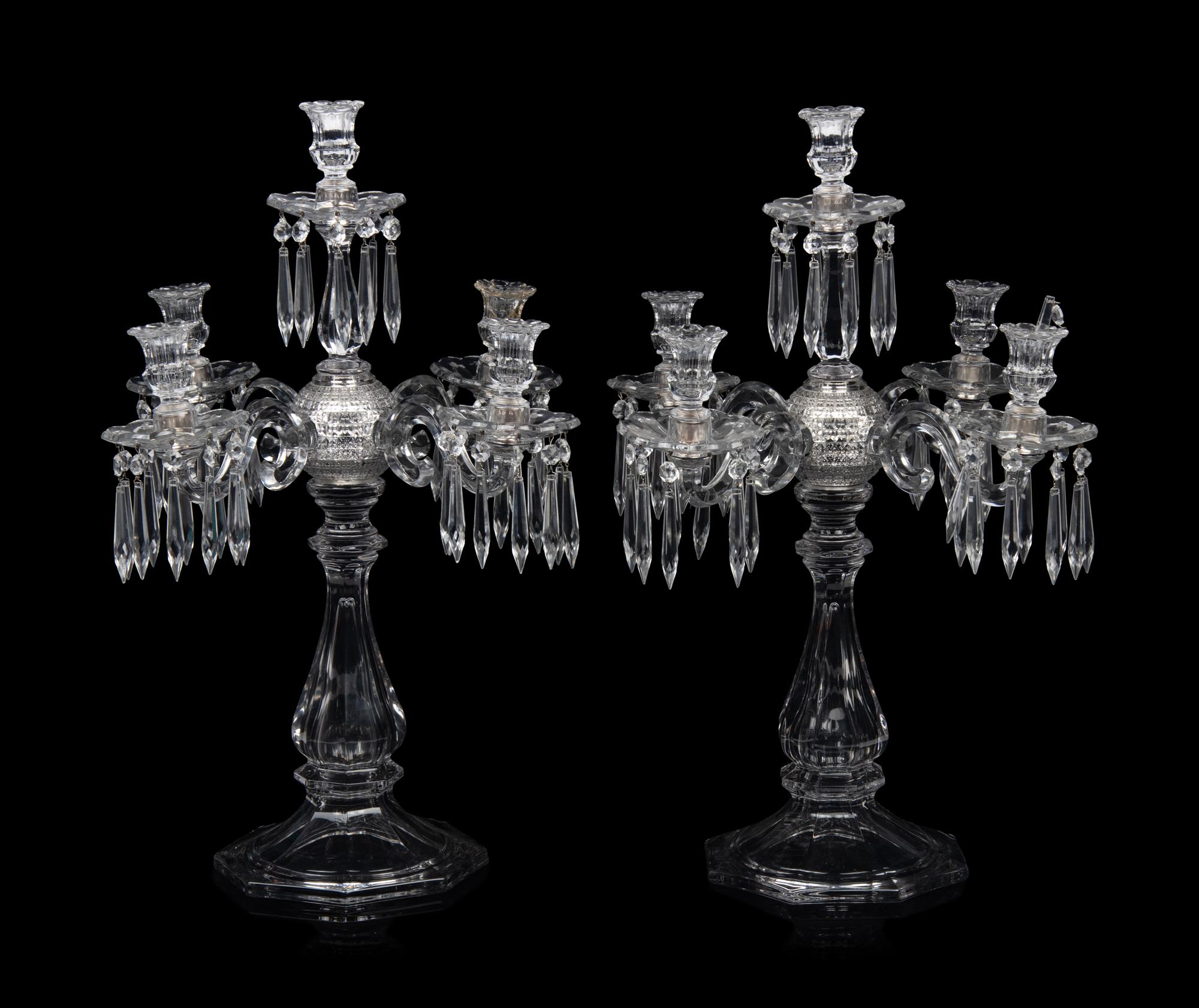 A Pair of Molded Glass Five-Light Candelabra