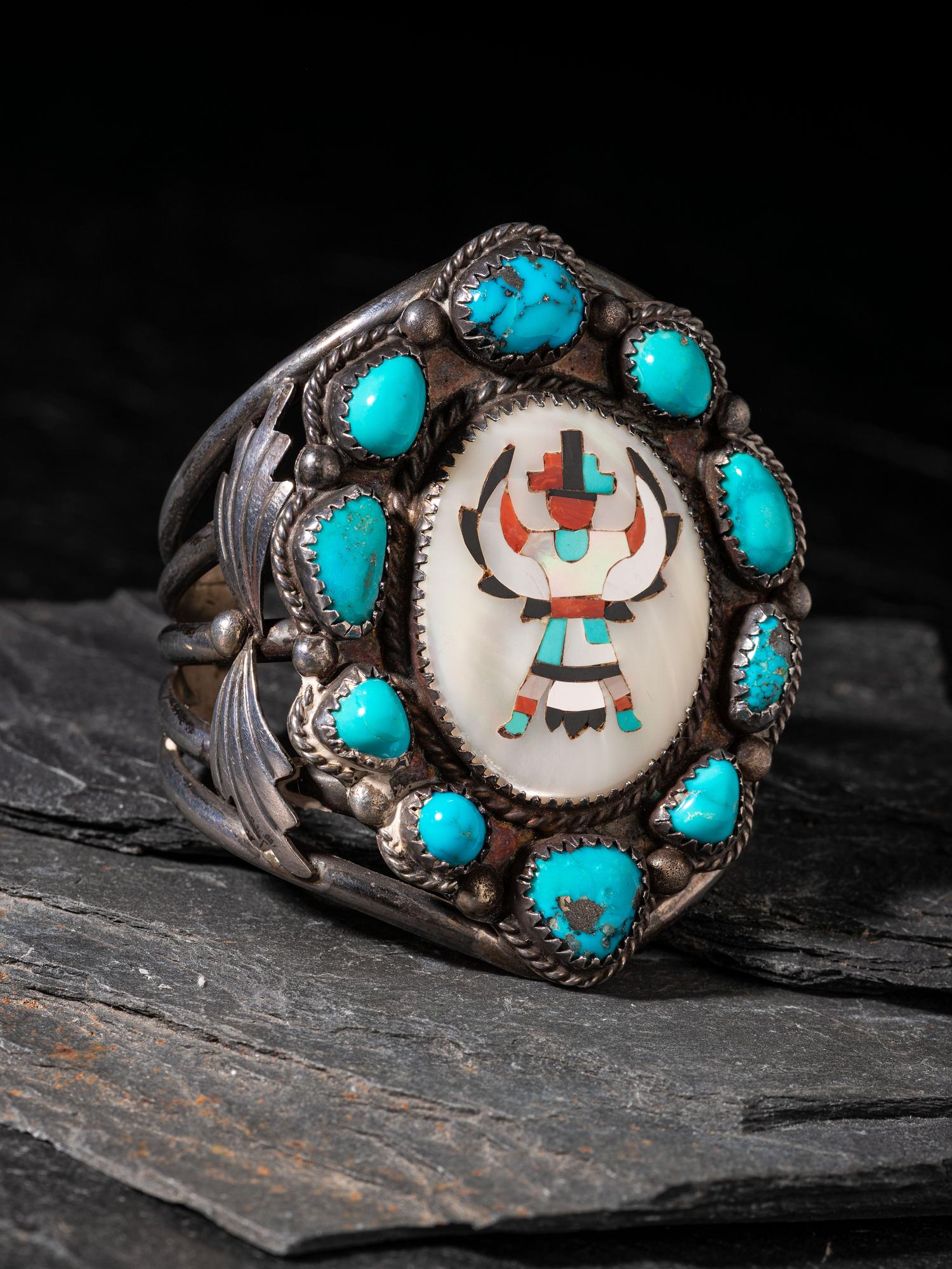 Zuni Silver, Turquoise, Mosaic Inlay Knifewing Cuff Bracelet