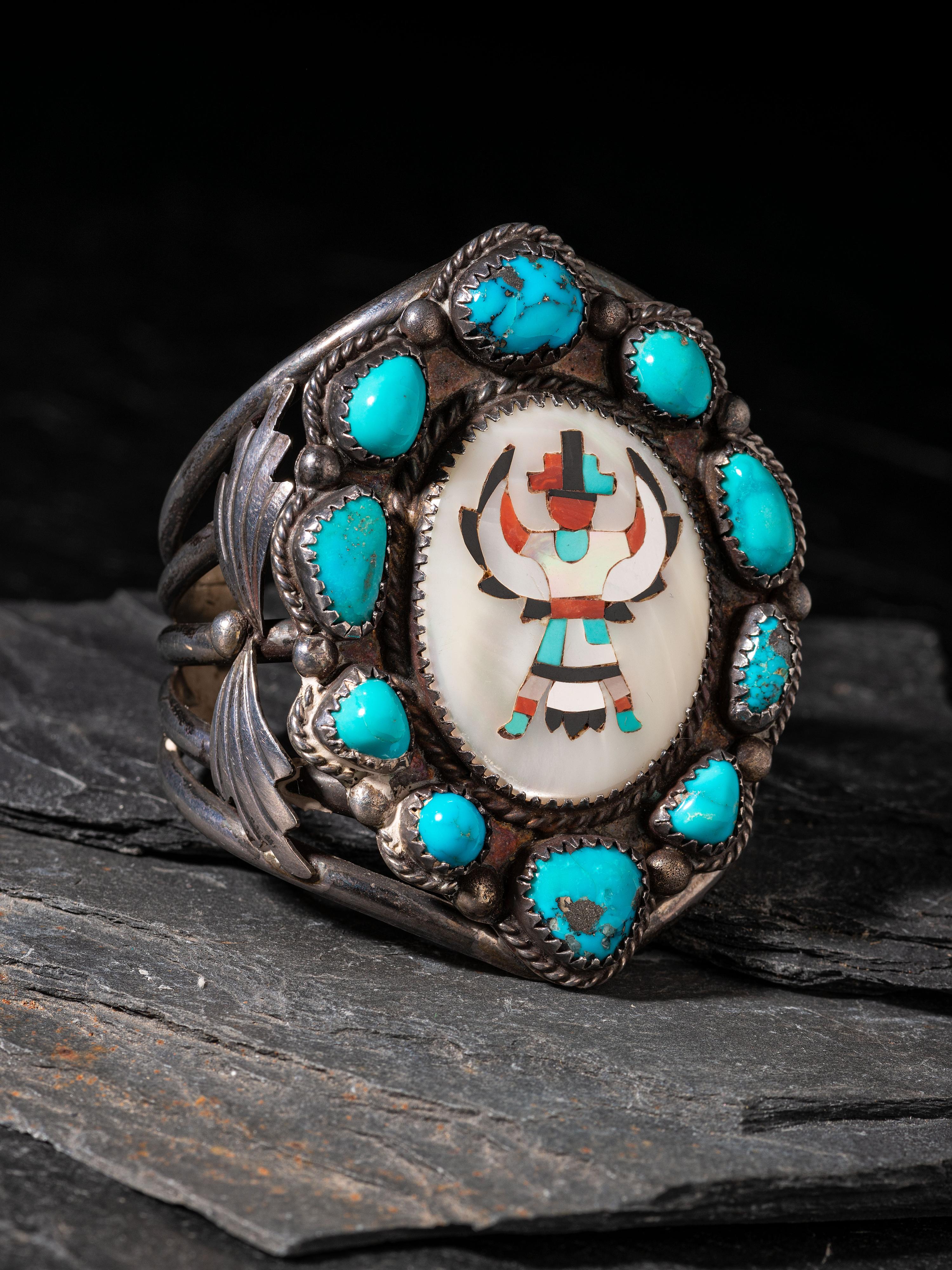 Zuni Silver, Turquoise, Mosaic Inlay Knifewing Cuff Bracelet