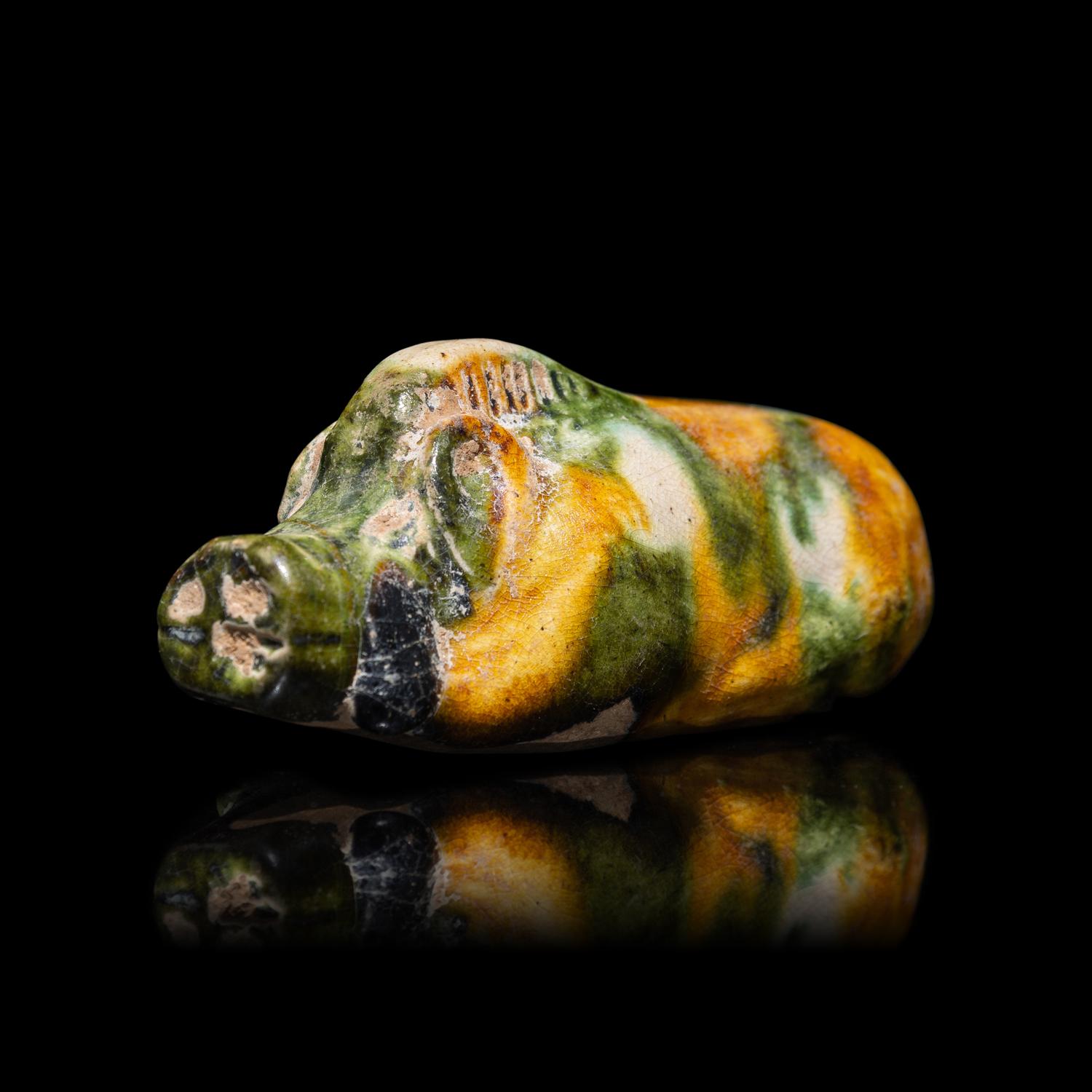 A Small Chinese Sancai Glazed Pottery Boar, Tang Dynasty — 唐 三彩陶豬