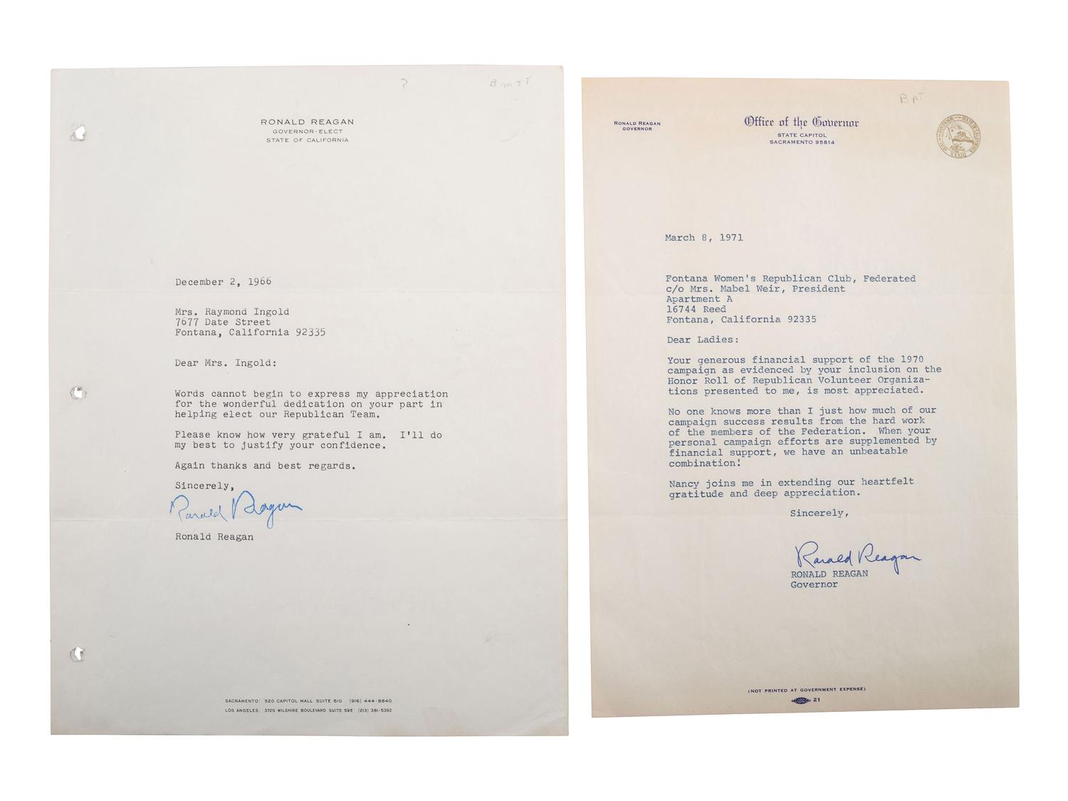 REAGAN, Ronald (1911-2004). Five signed items, most as Governor of California, plus.