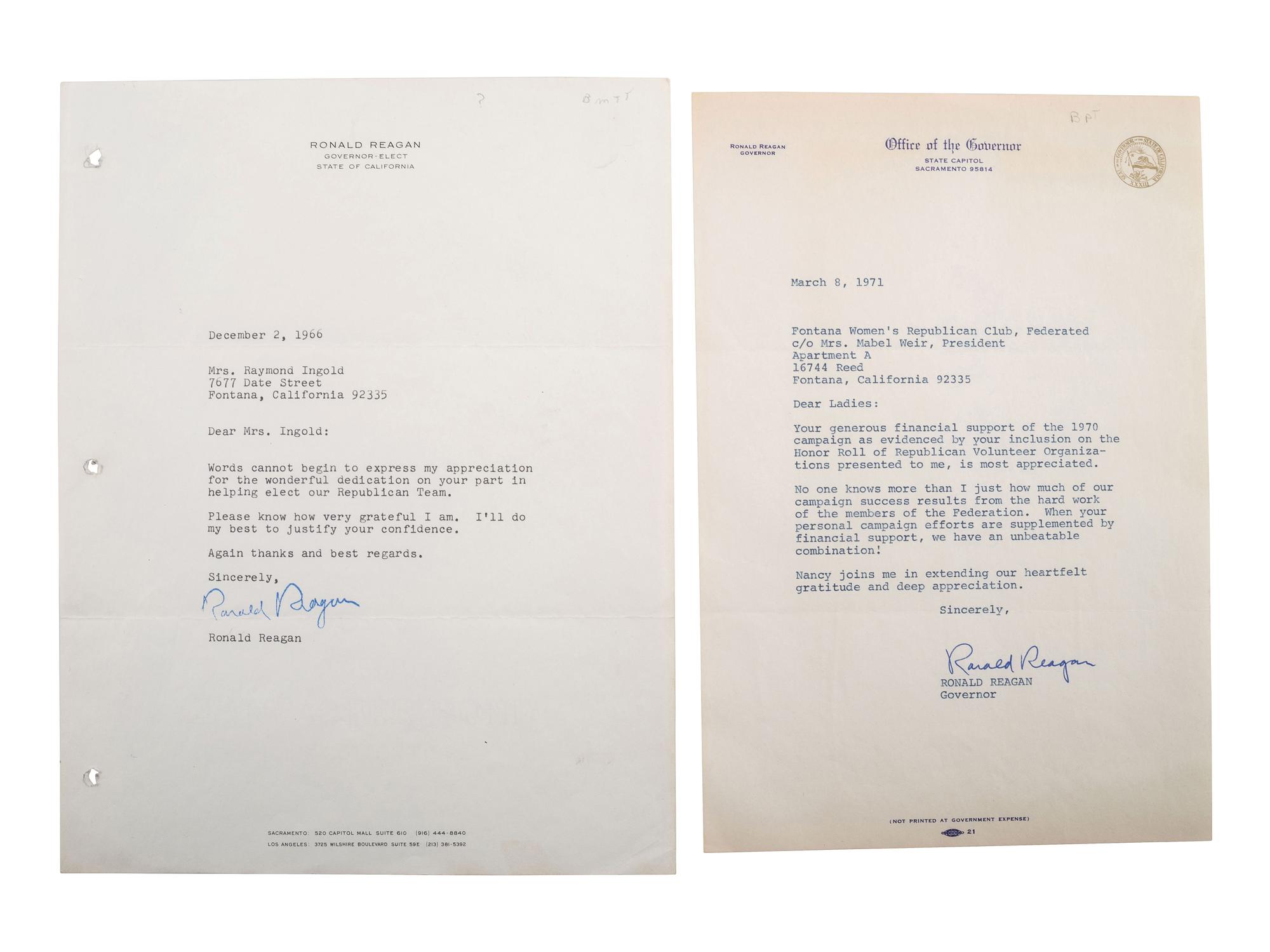 REAGAN, Ronald (1911-2004). Five signed items, most as Governor of California, plus.